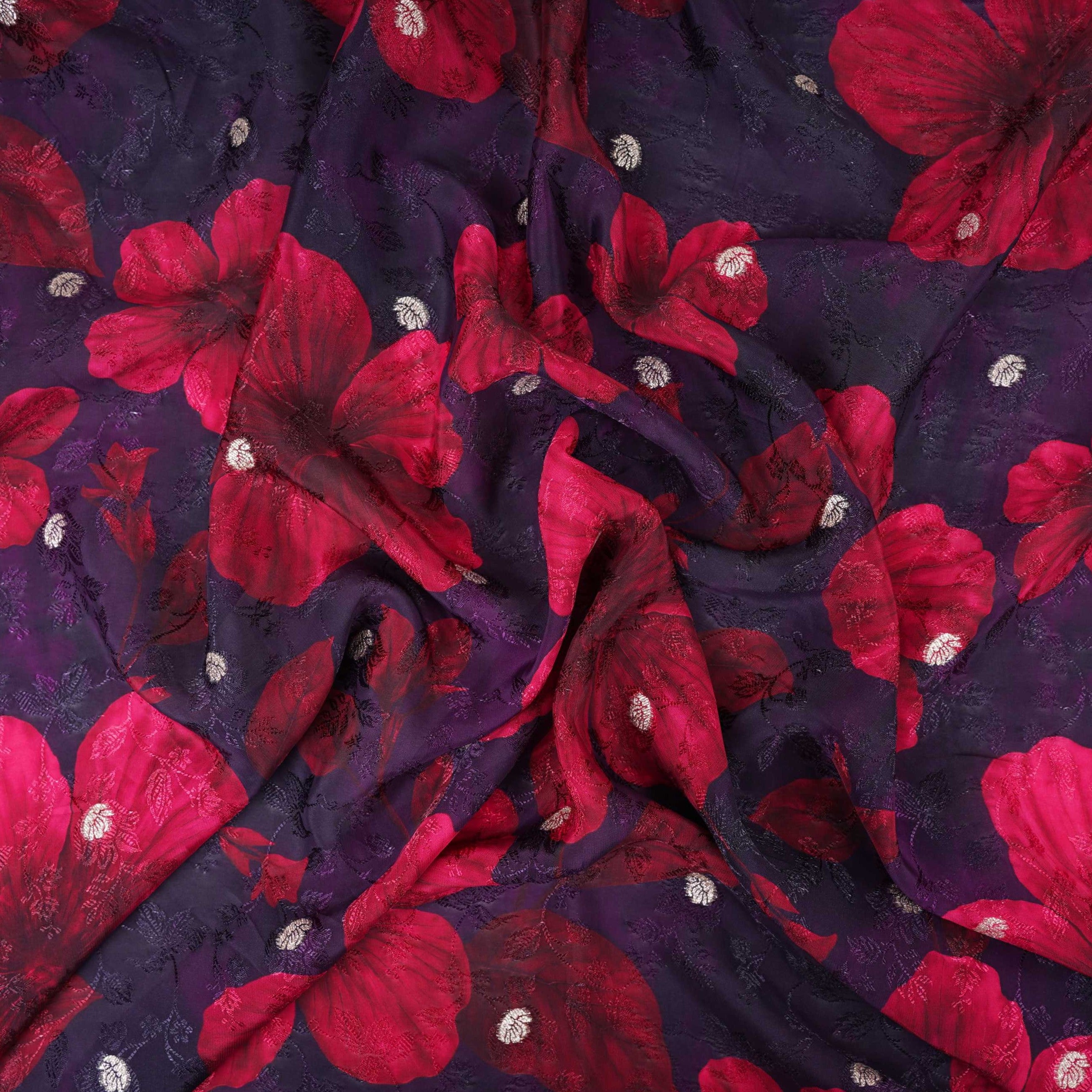 Dark Purple floral zari jacquard Pure Bemberg Crepe Fabric MTF-31809 - TradeUNO