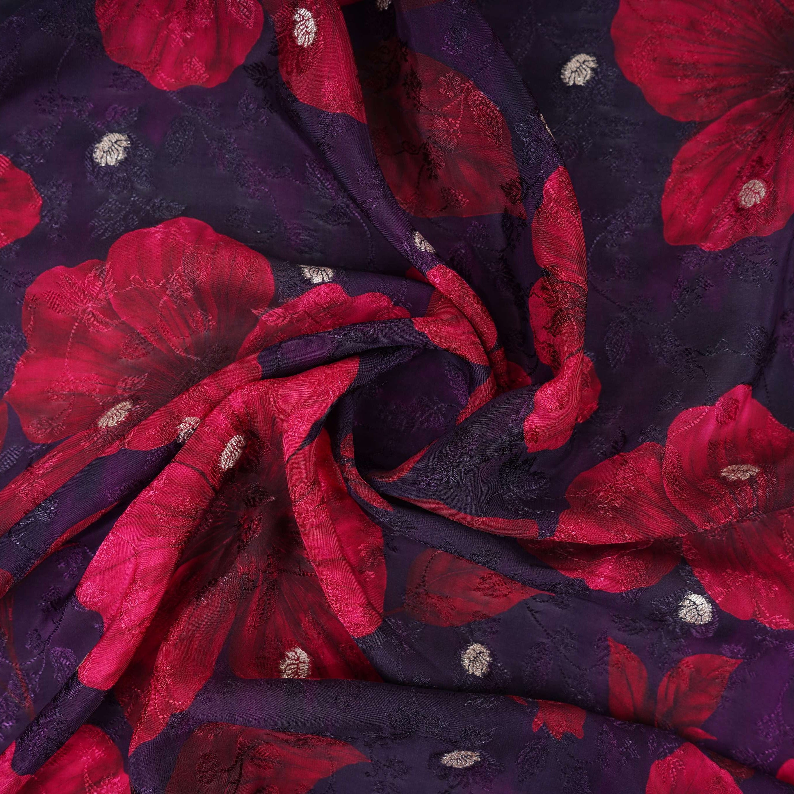 Dark Purple floral zari jacquard Pure Bemberg Crepe Fabric MTF-31809 - TradeUNO