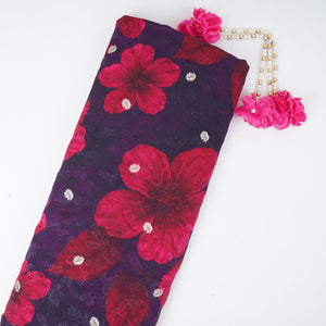 Dark Purple floral zari jacquard Pure Bemberg Crepe Fabric MTF-31809 - TradeUNO