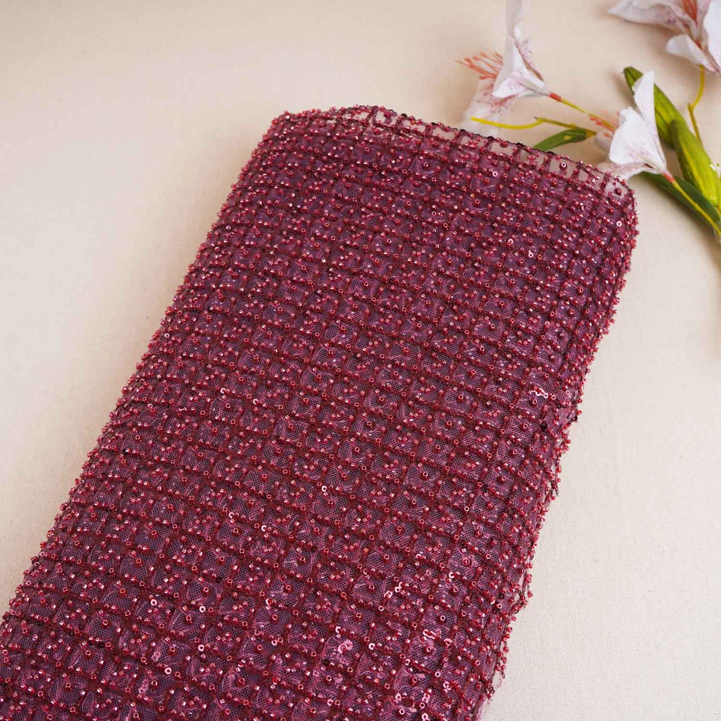 Premium Pomegranate Red Heavy Pearl Sequins CutDana Embroidery Net Fabric