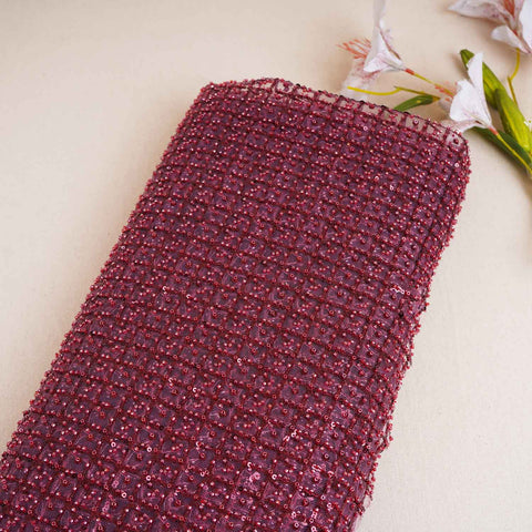 Premium Pomegranate Red Heavy Pearl Sequins CutDana Embroidery Net Fabric