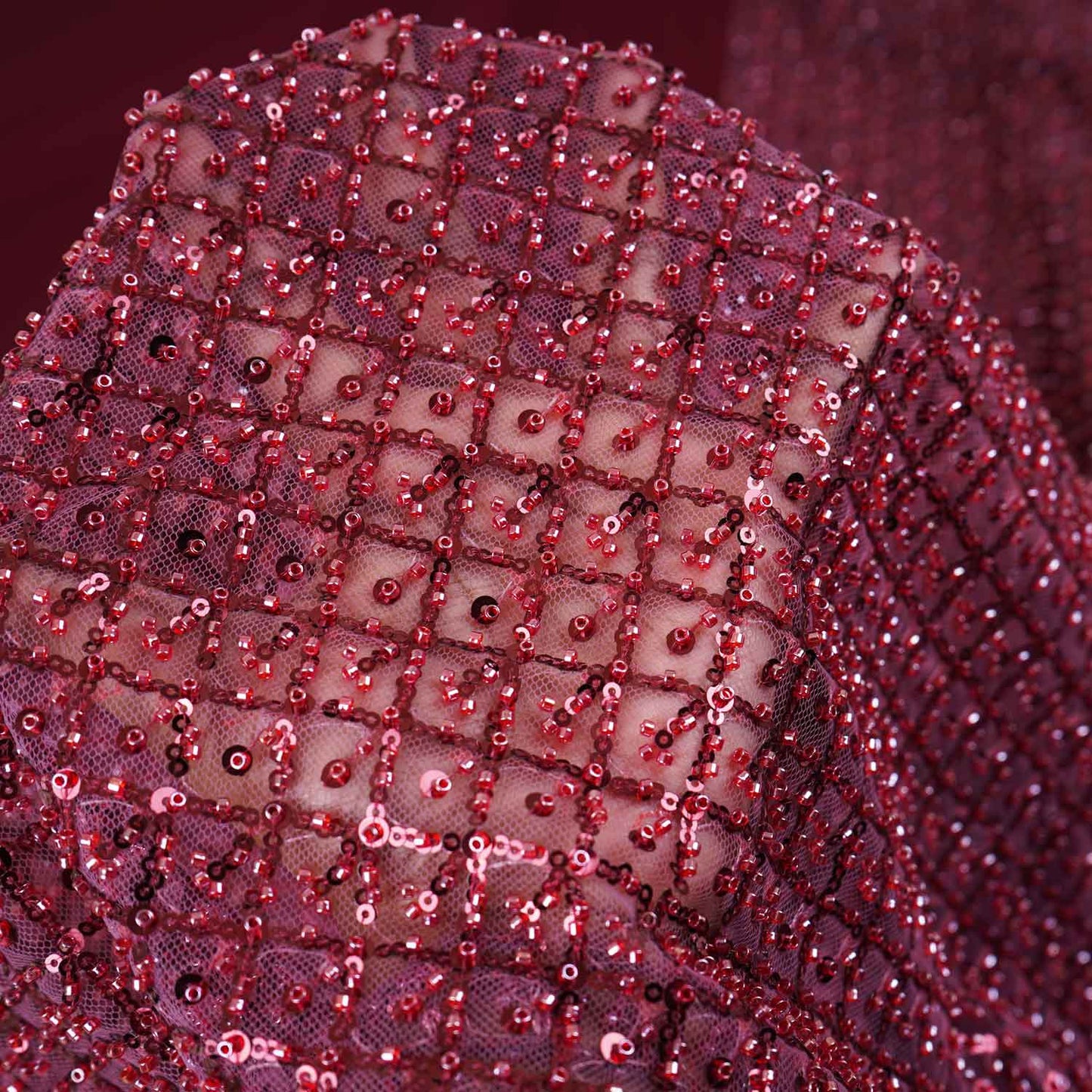 Premium Pomegranate Red Heavy Pearl Sequins CutDana Embroidery Net Fabric