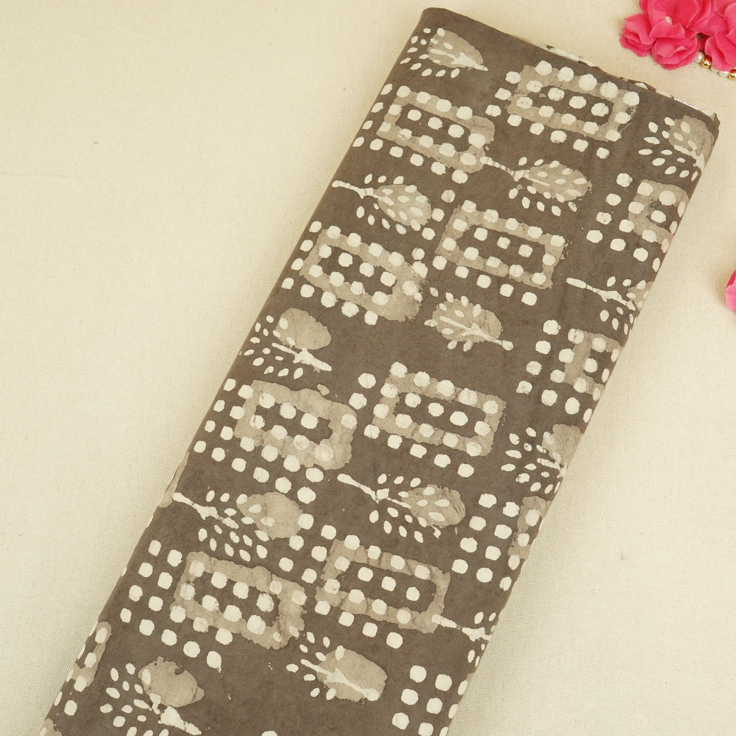 Grey with White Floral Print Cotton Fabric CH-29774