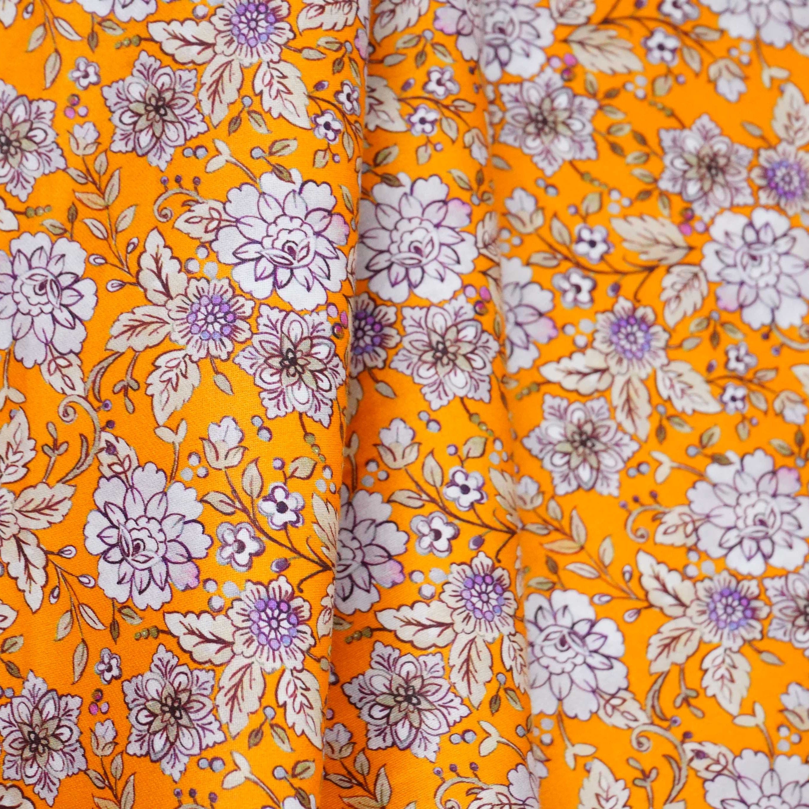 Mustard Yellow Floral Print Cotton Satin Fabric PG-30439 - TradeUNO