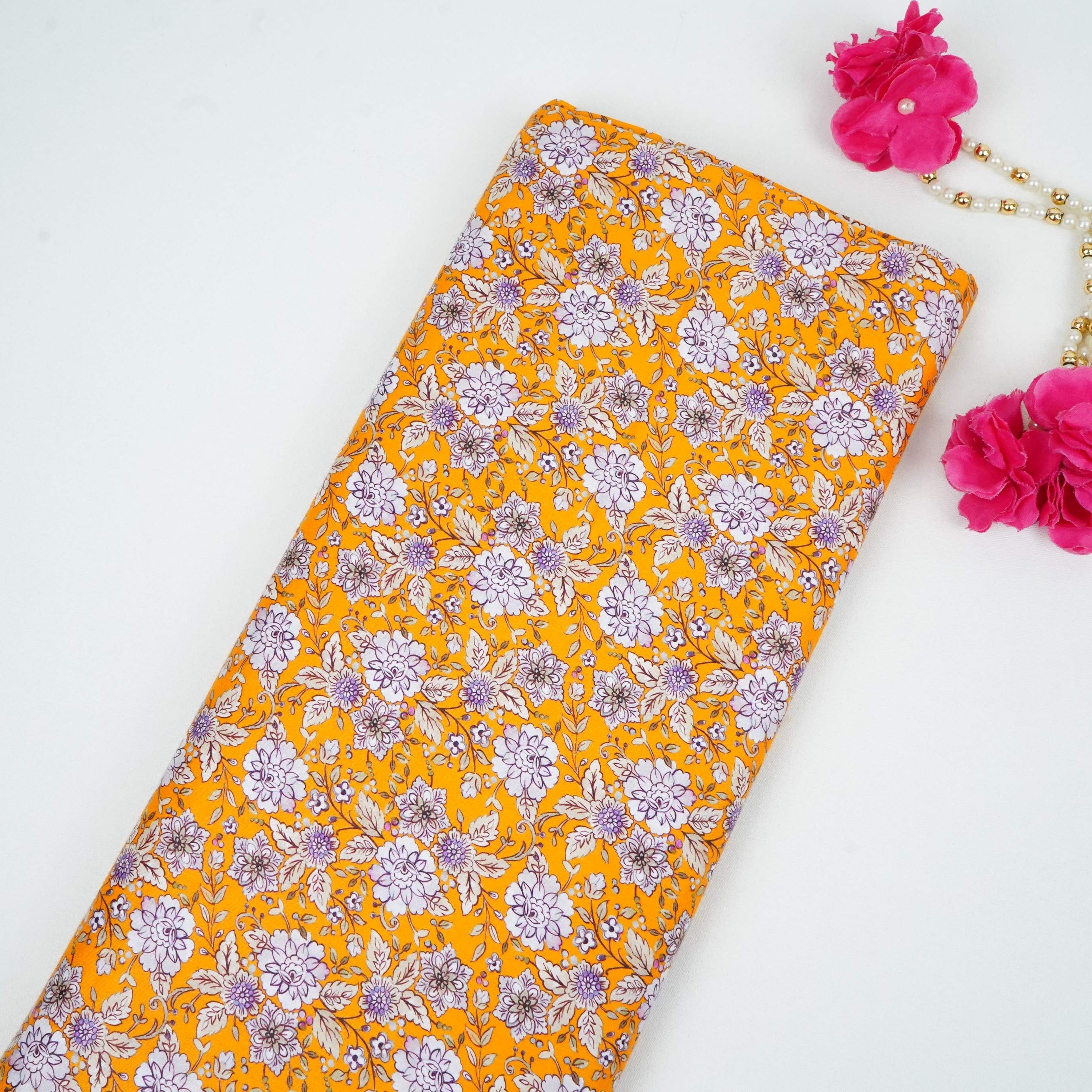 Mustard Yellow Floral Print Cotton Satin Fabric PG-30439 - TradeUNO