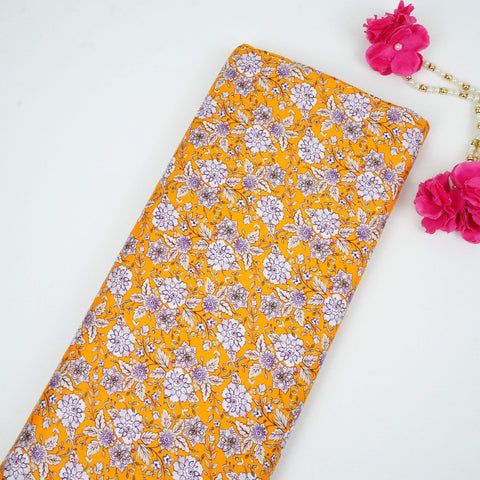 Mustard Yellow Floral Print Cotton Satin Fabric PG-30439