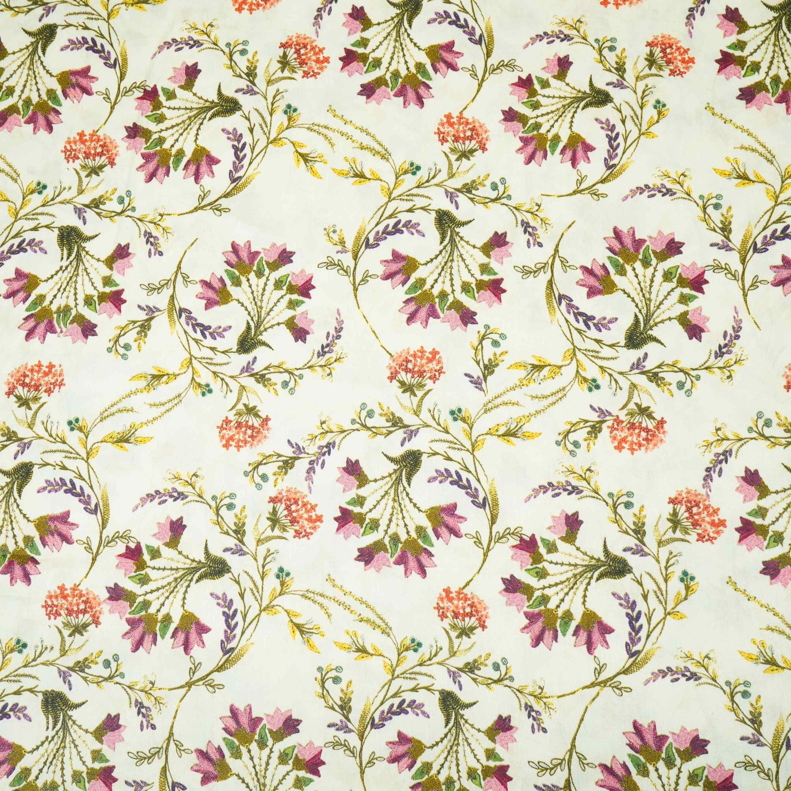 Cream Floral Print Cotton Satin Fabric PG-30393 - TradeUNO