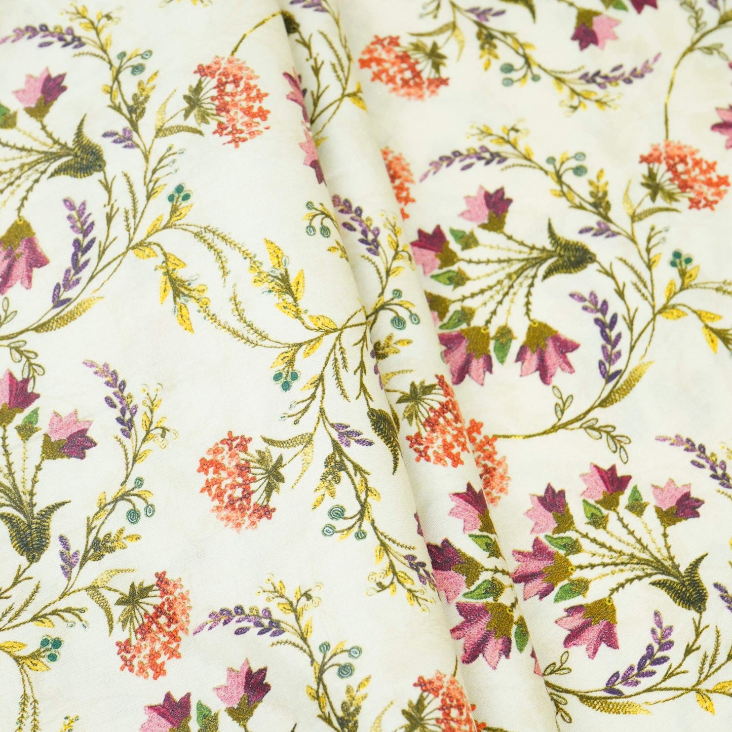 Cream Floral Print Cotton Satin Fabric PG-30393