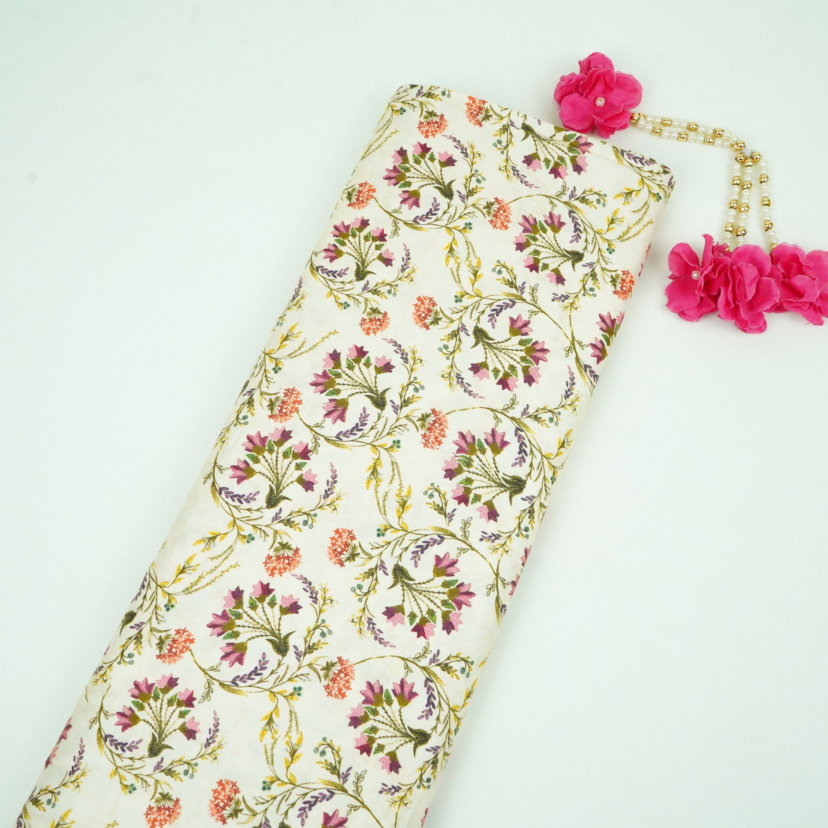 Cream Floral Print Cotton Satin Fabric PG-30393 - TradeUNO