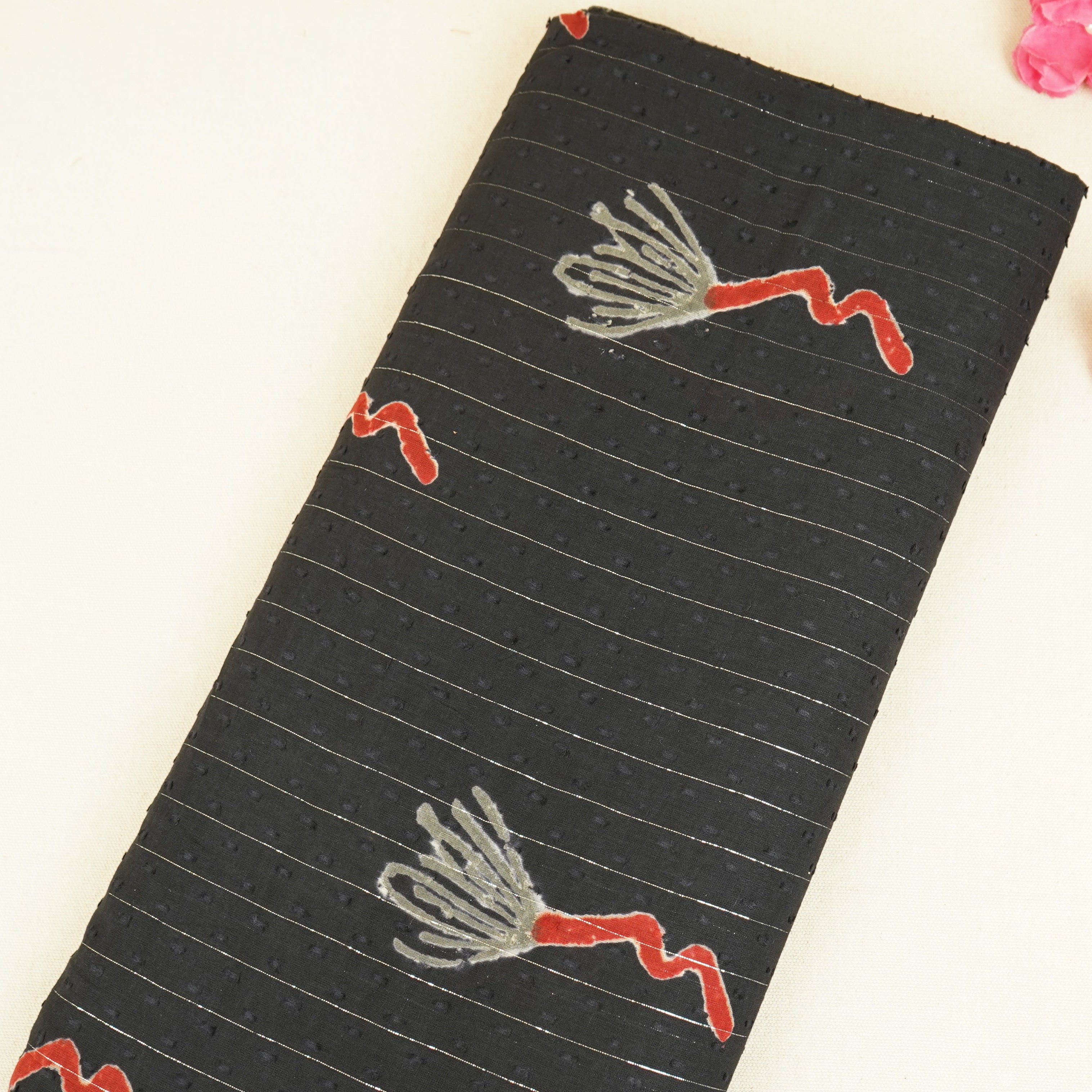 Black Silver Stripes Handblock Print Cotton Dobby Fabric CH-29758 - TradeUNO