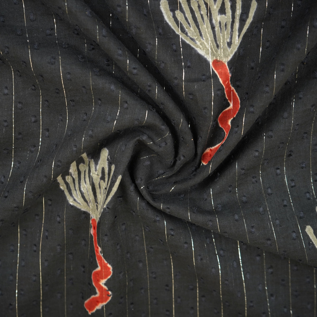Black Silver Stripes Handblock Print Cotton Dobby Fabric CH-29758 - TradeUNO