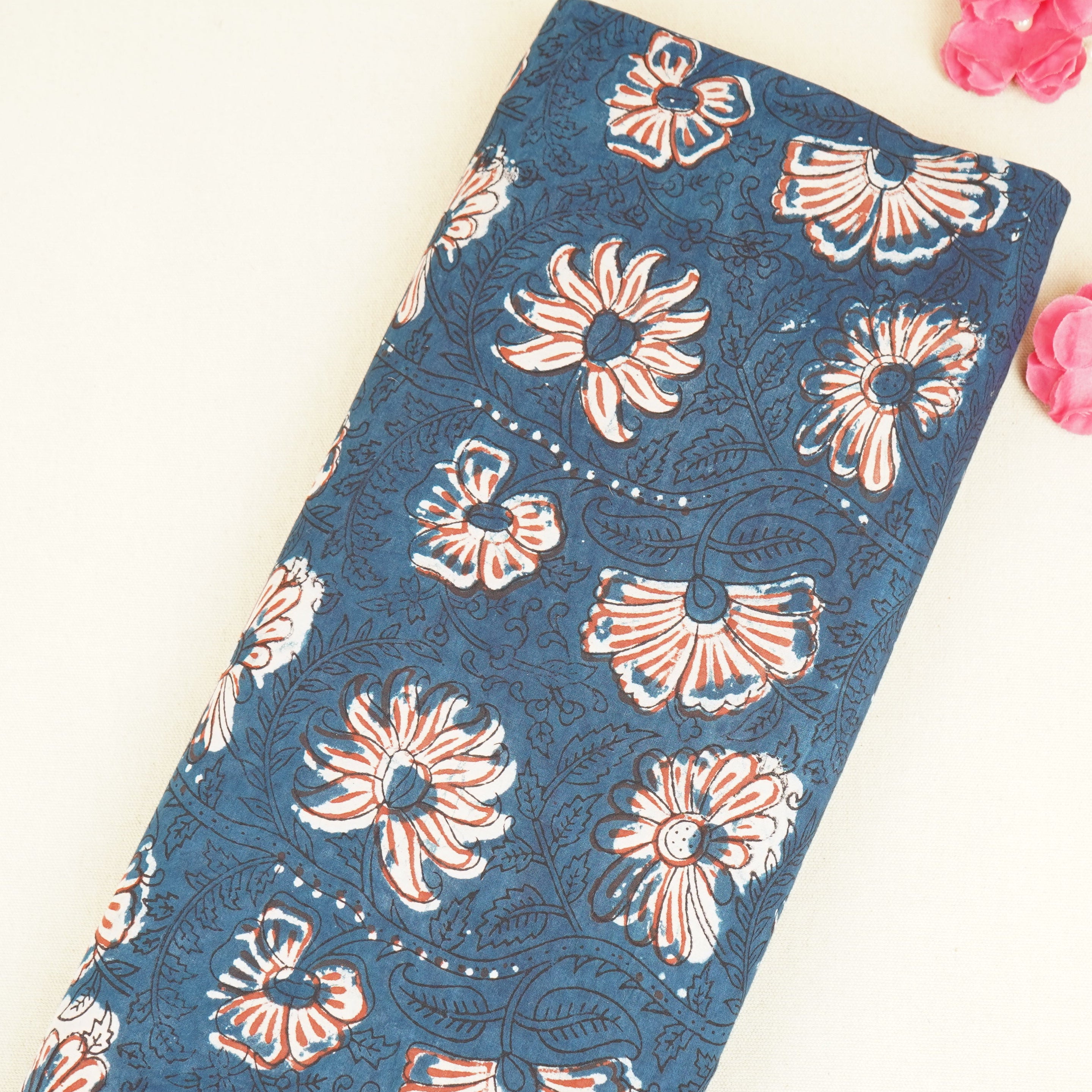Blue & Red Floral Block Print Cotton Fabric CH-29761 - TradeUNO