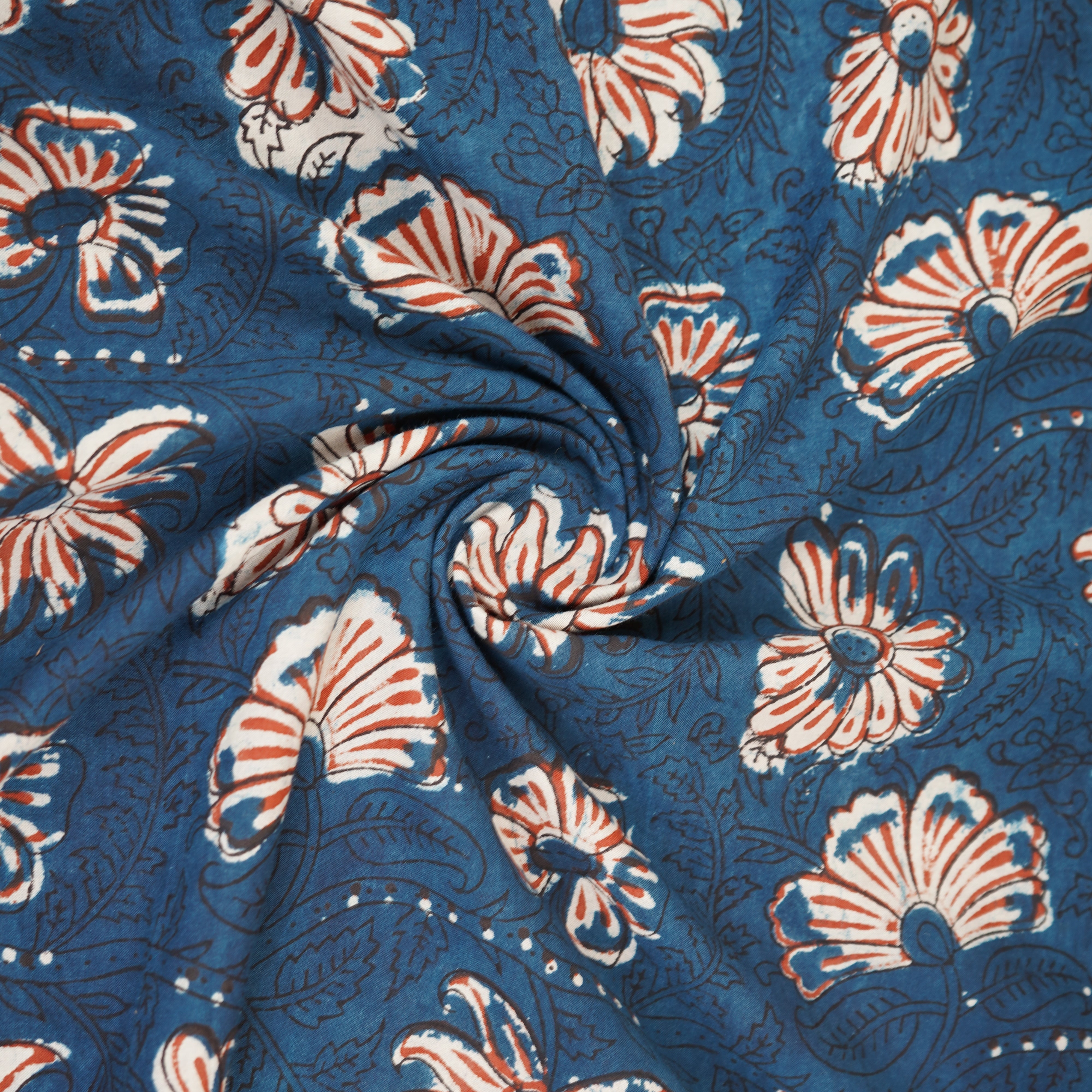 Blue & Red Floral Block Print Cotton Fabric CH-29761 - TradeUNO