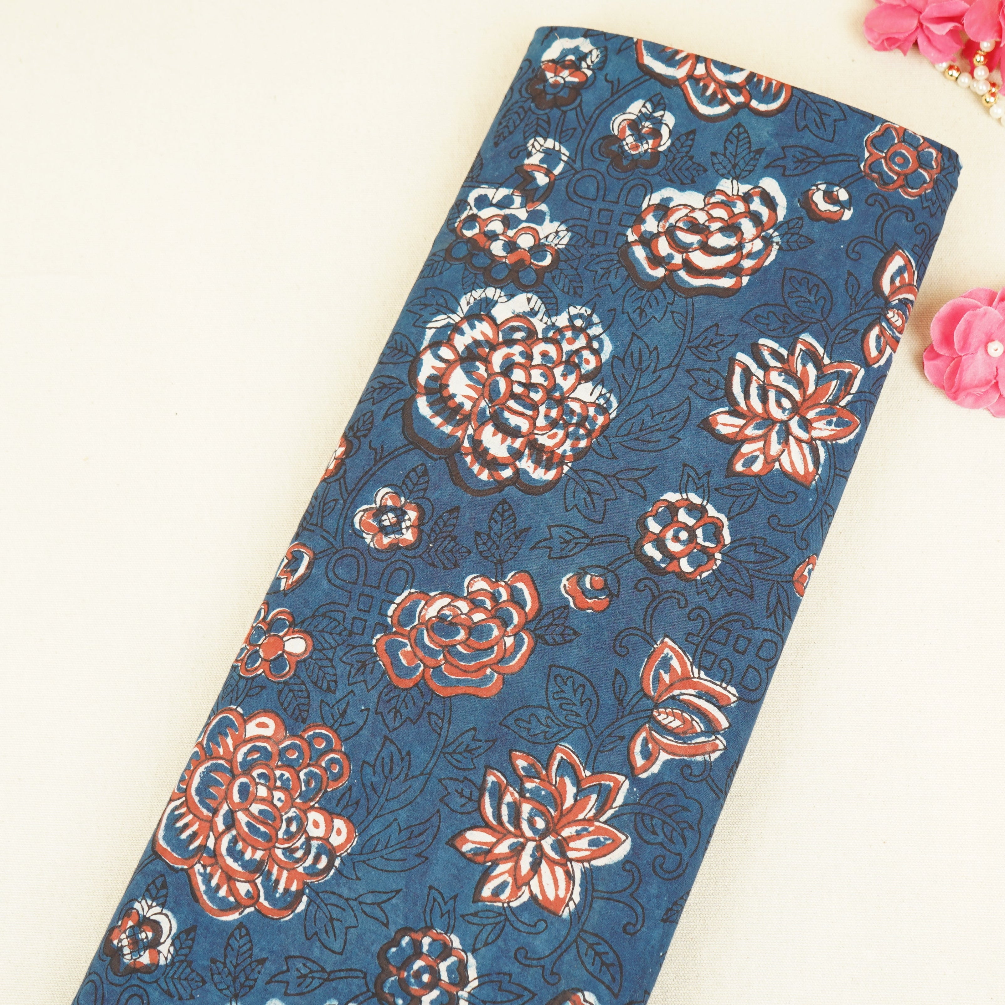 Blue & Red Floral Block Print Cotton Fabric CH-29762 - TradeUNO