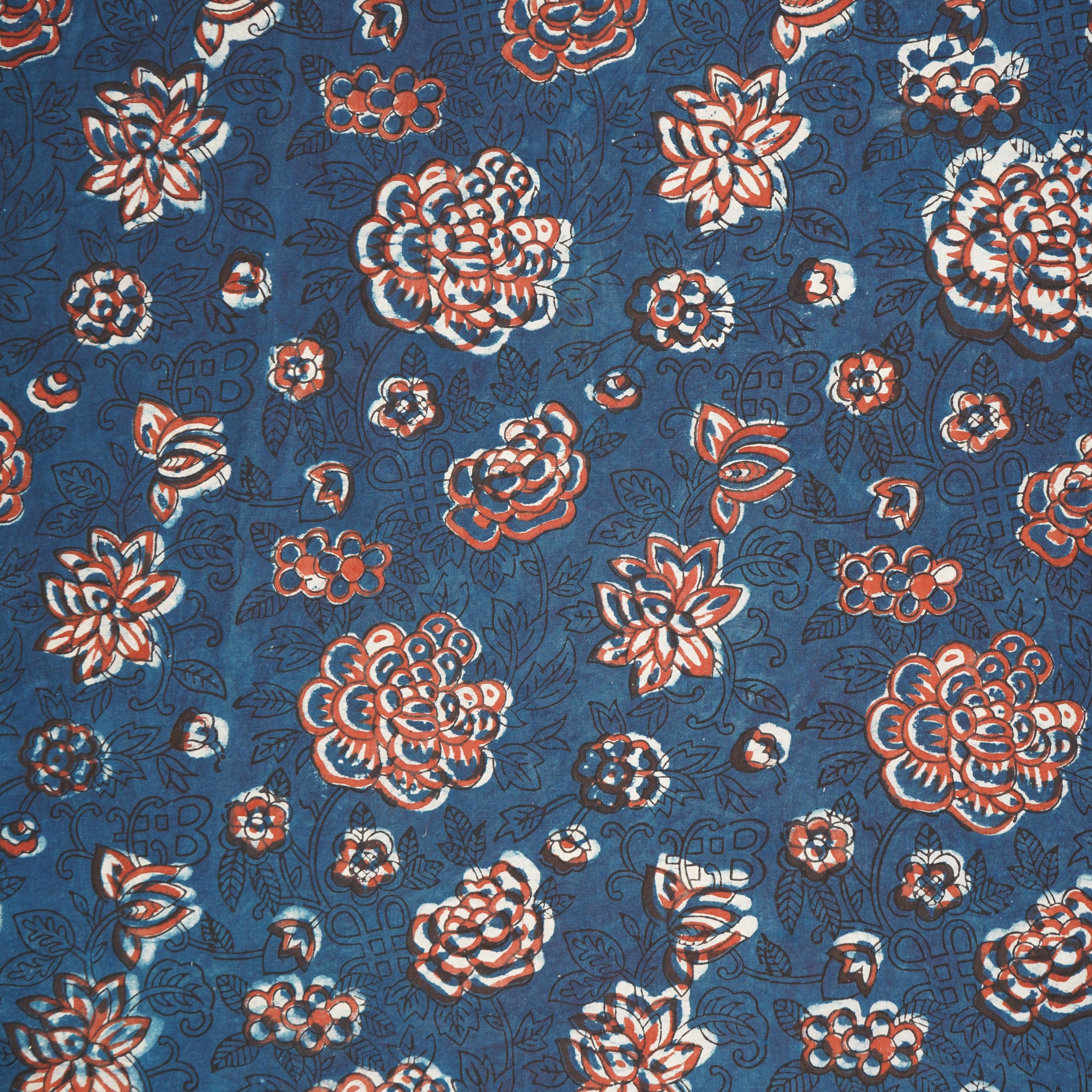 Blue & Red Floral Block Print Cotton Fabric CH-29762 - TradeUNO