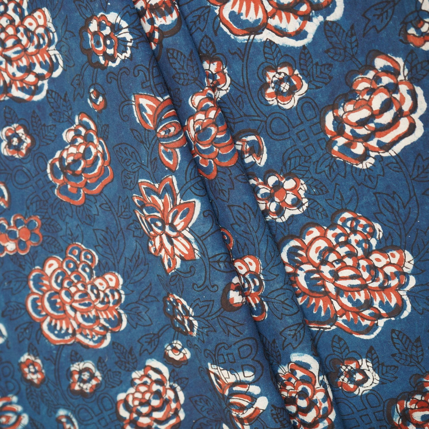 Blue & Red Floral Block Print Cotton Fabric CH-29762