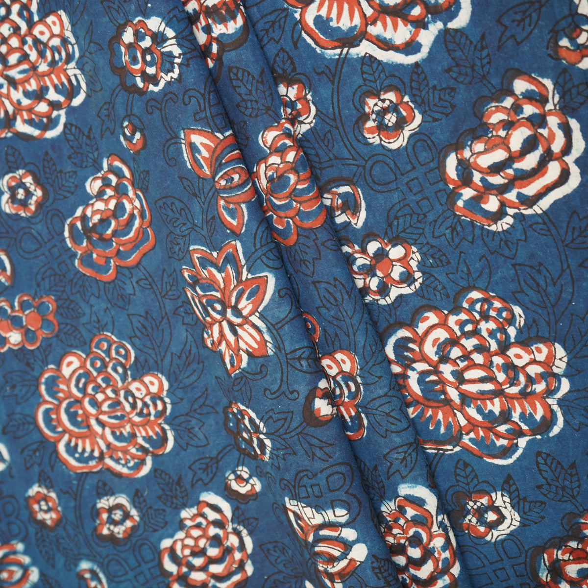 Blue & Red Floral Block Print Cotton Fabric CH-29762 - TradeUNO