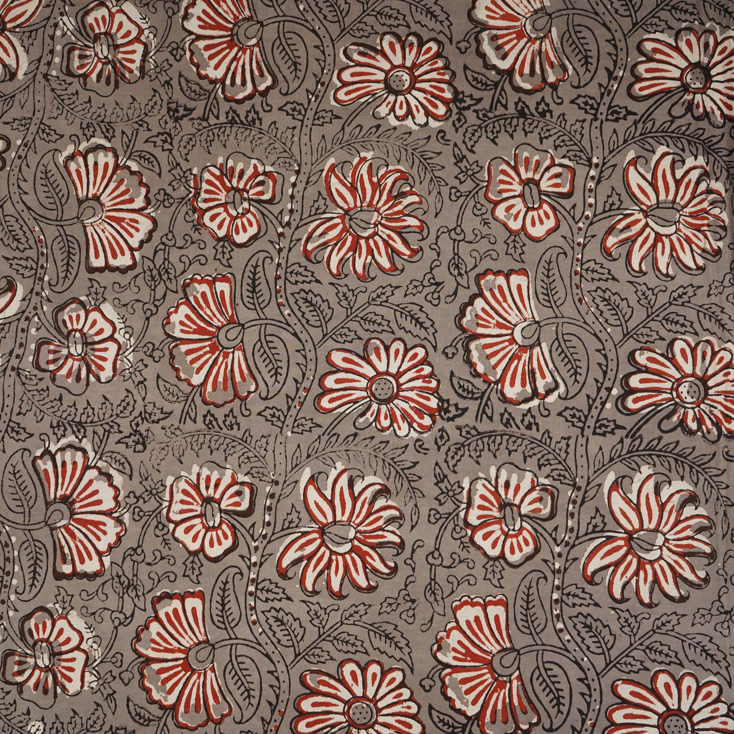 Grey & Red Kalamkari Print Cotton Fabric CH-29760