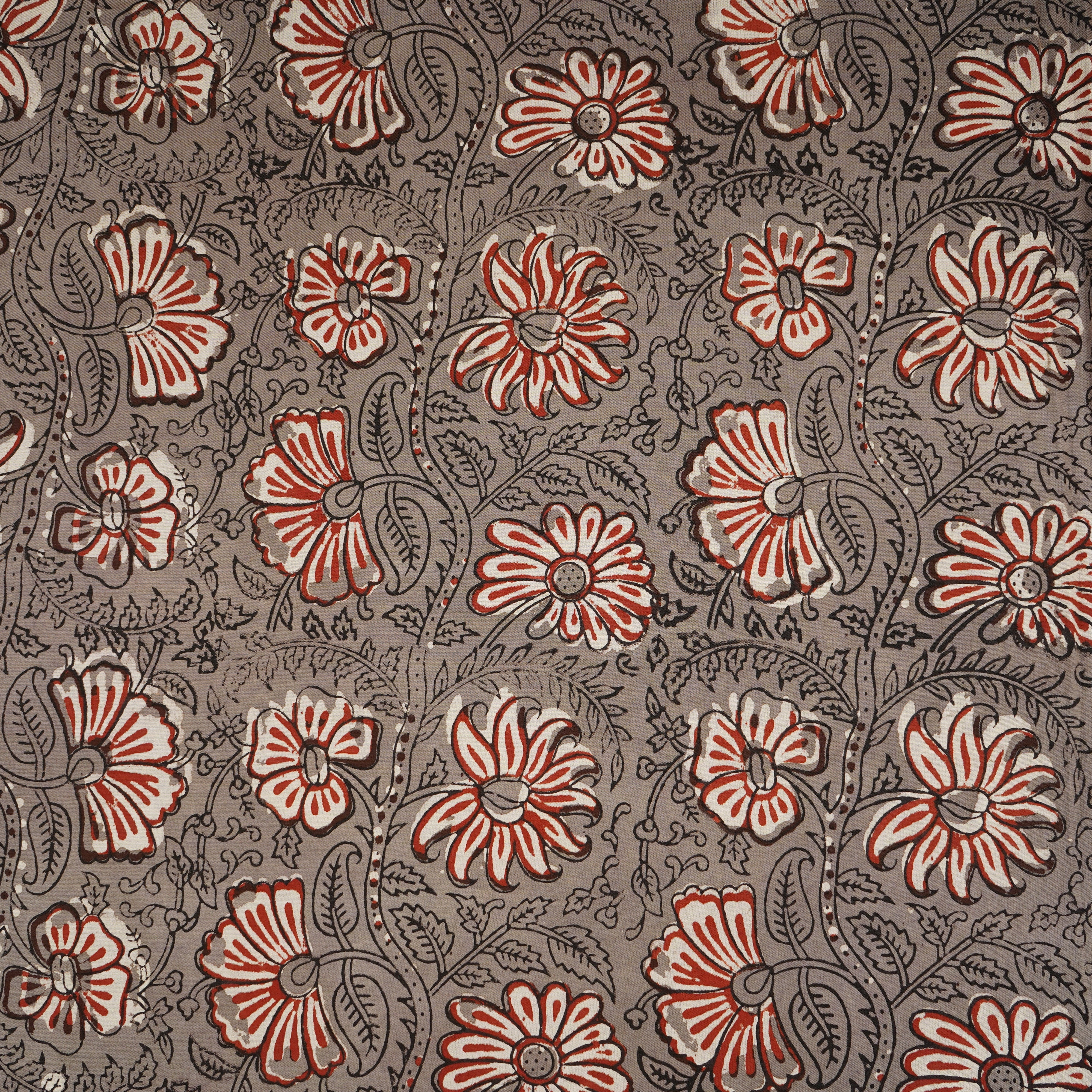 Grey & Red Kalamkari Print Cotton Fabric CH-29760 - TradeUNO