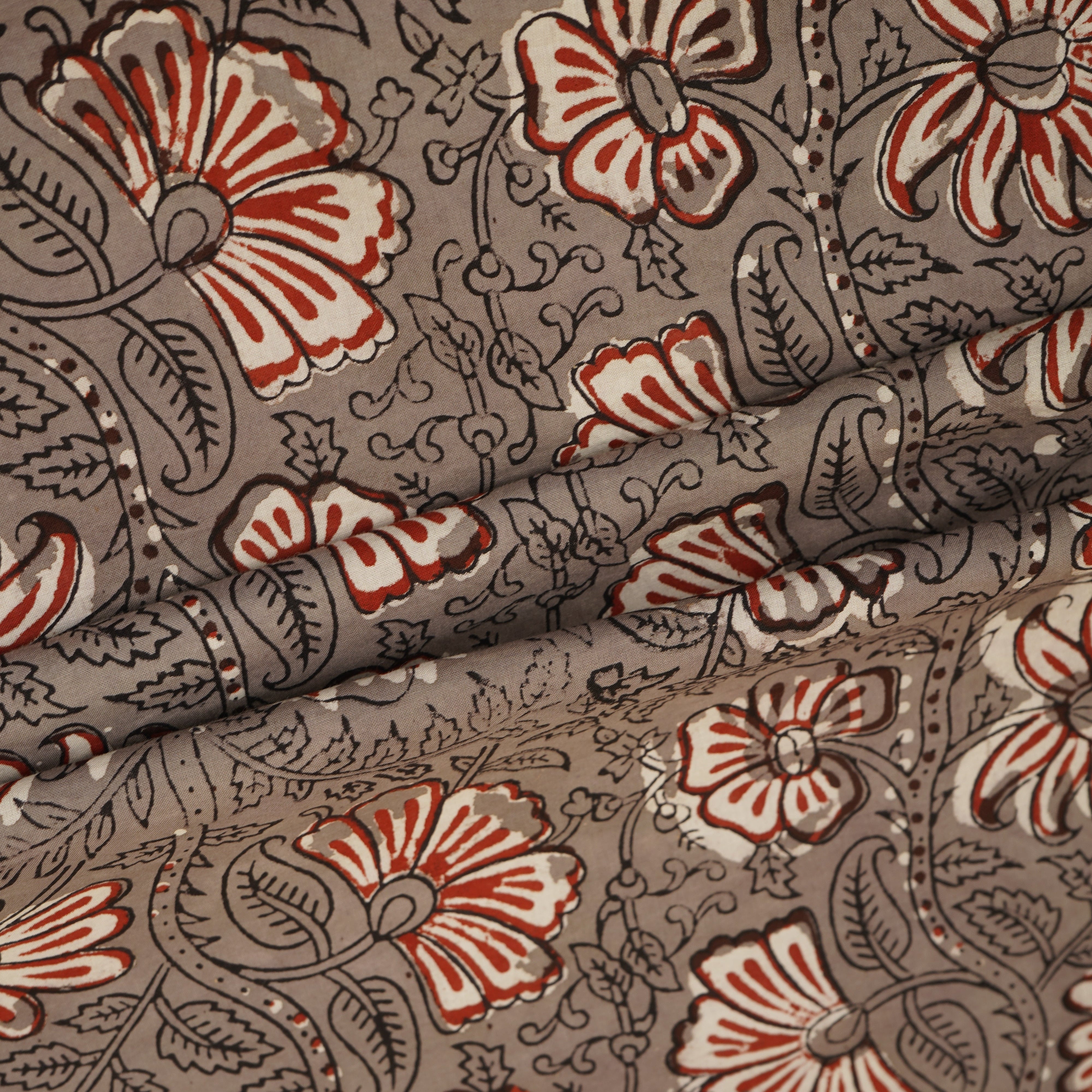 Grey & Red Kalamkari Print Cotton Fabric CH-29760 - TradeUNO