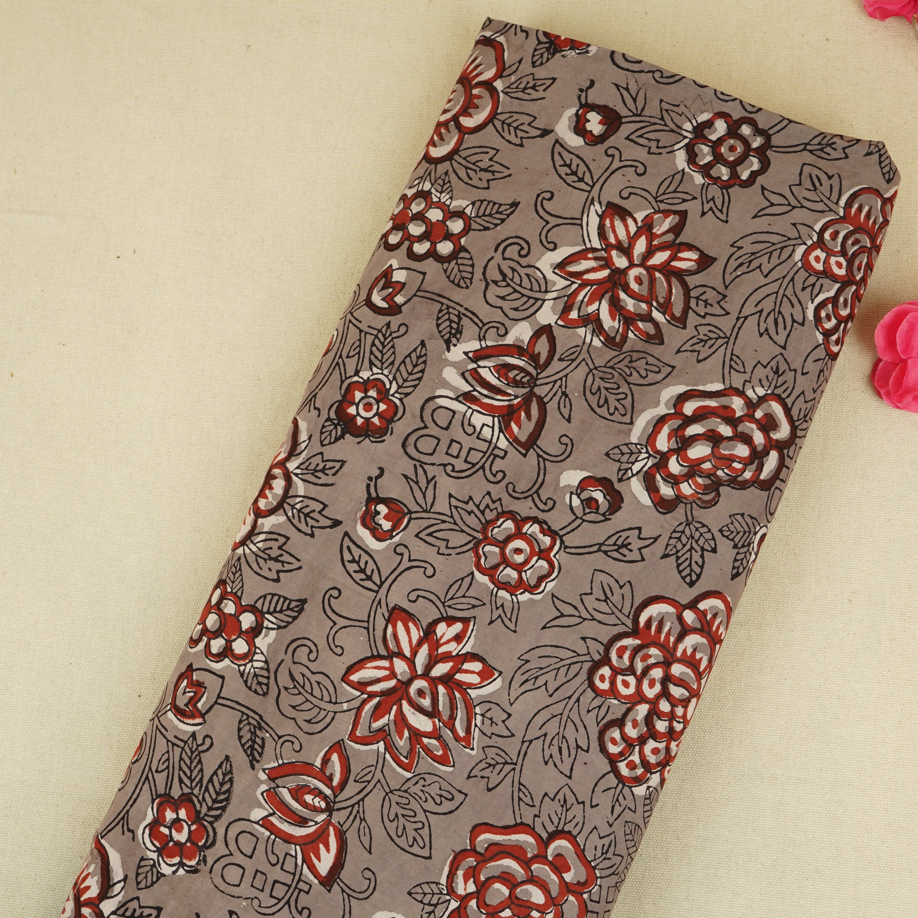 Grey & Red Floral Block Print Cotton Fabric CH-29759 - TradeUNO