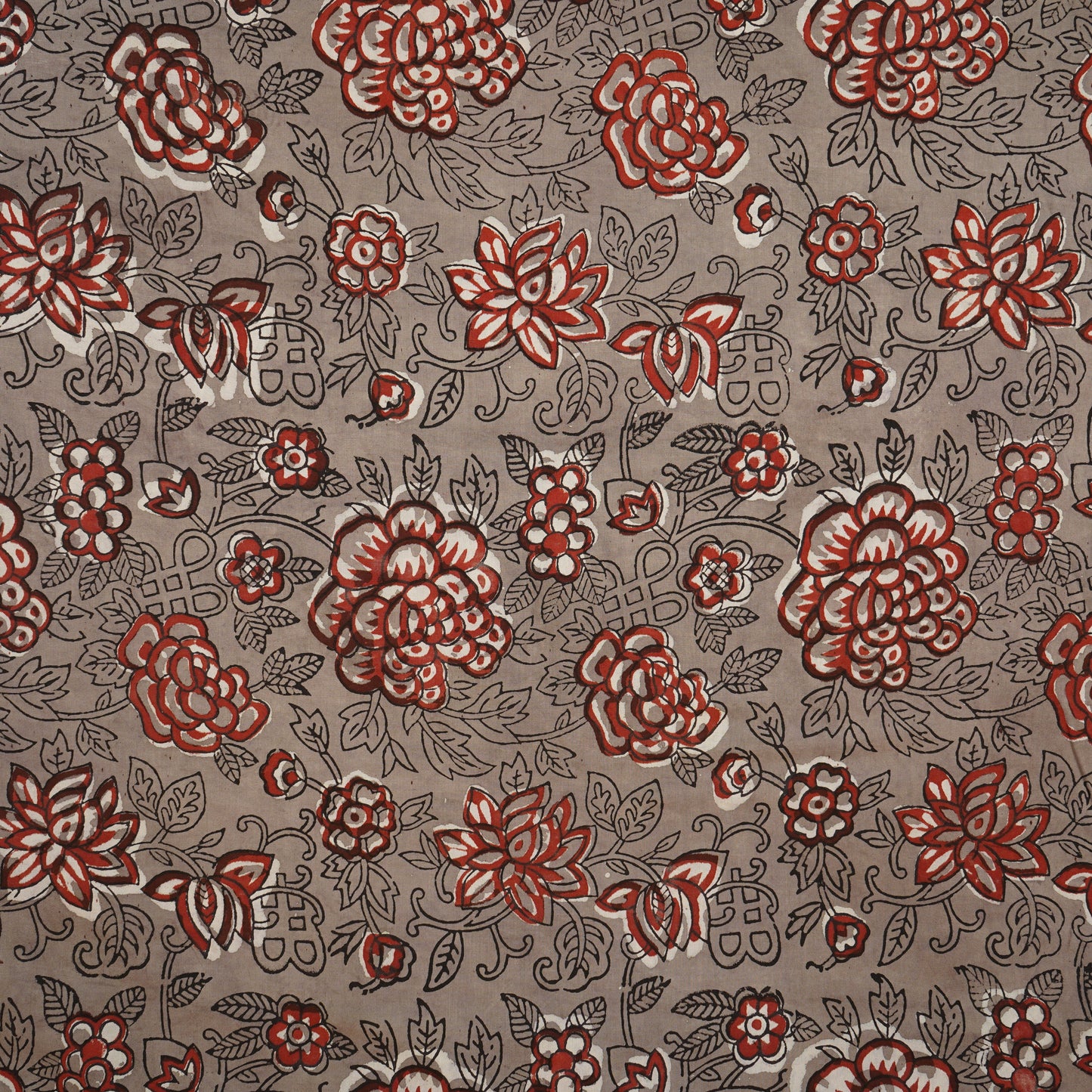 Grey & Red Floral Block Print Cotton Fabric CH-29759