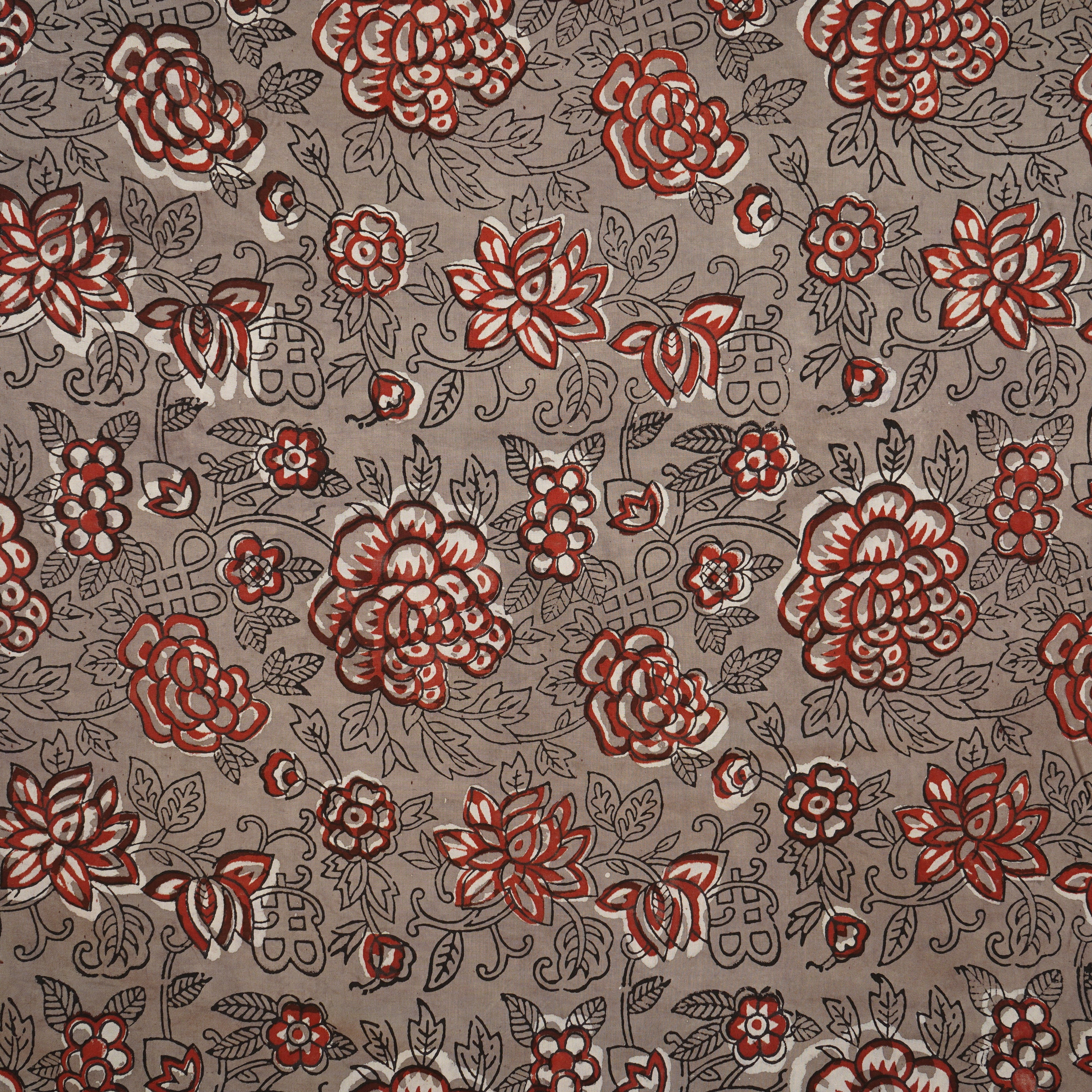Grey & Red Floral Block Print Cotton Fabric CH-29759 - TradeUNO