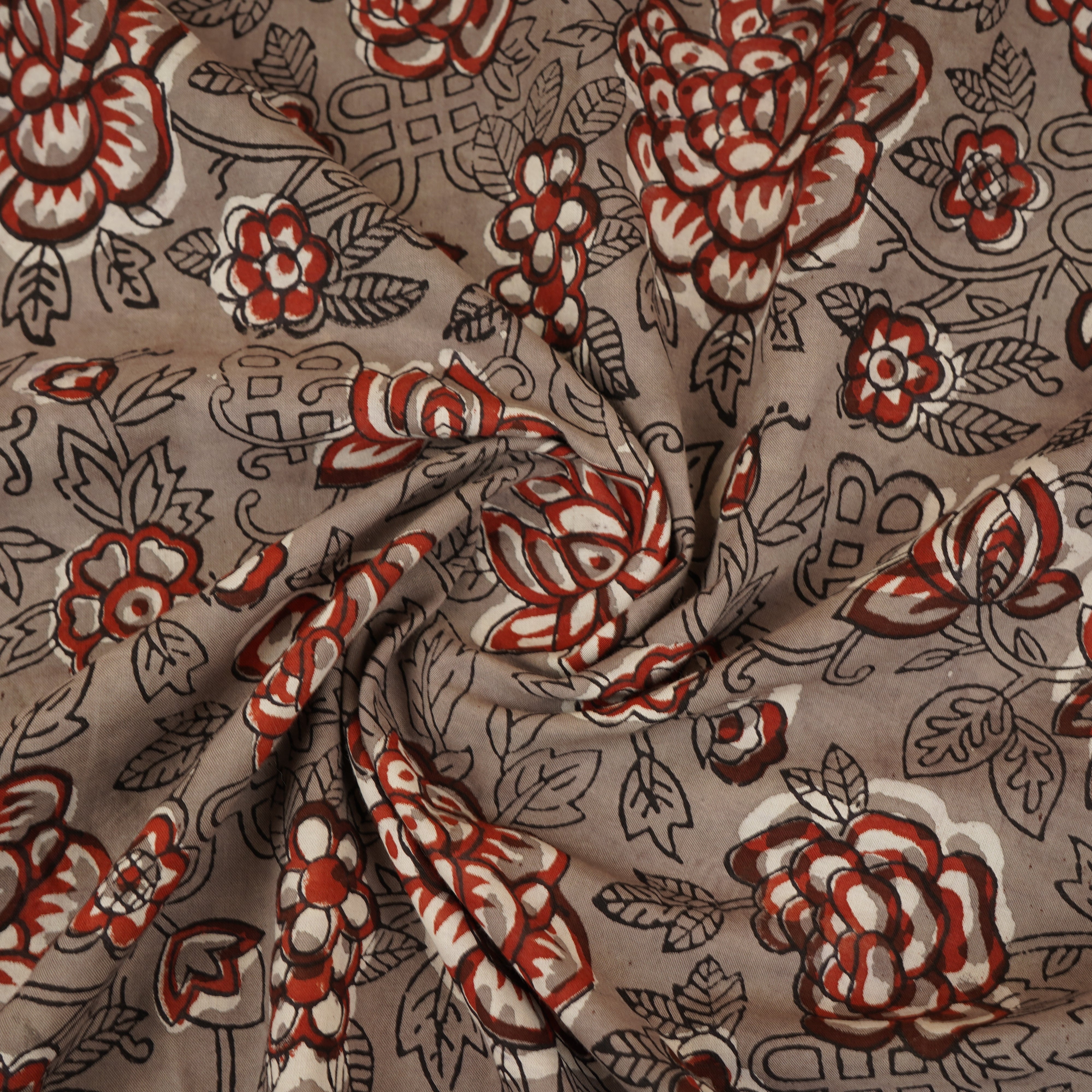 Grey & Red Floral Block Print Cotton Fabric CH-29759 - TradeUNO