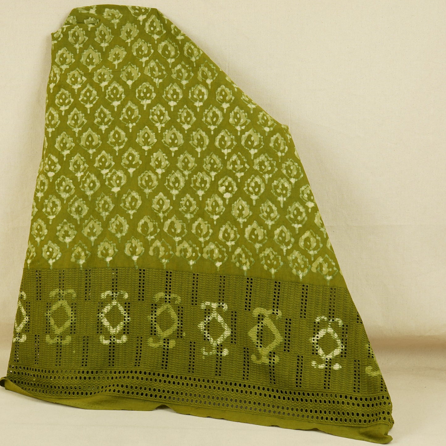 Green & White Floral Batik Print Cotton Schiffli Fabric CH-29817