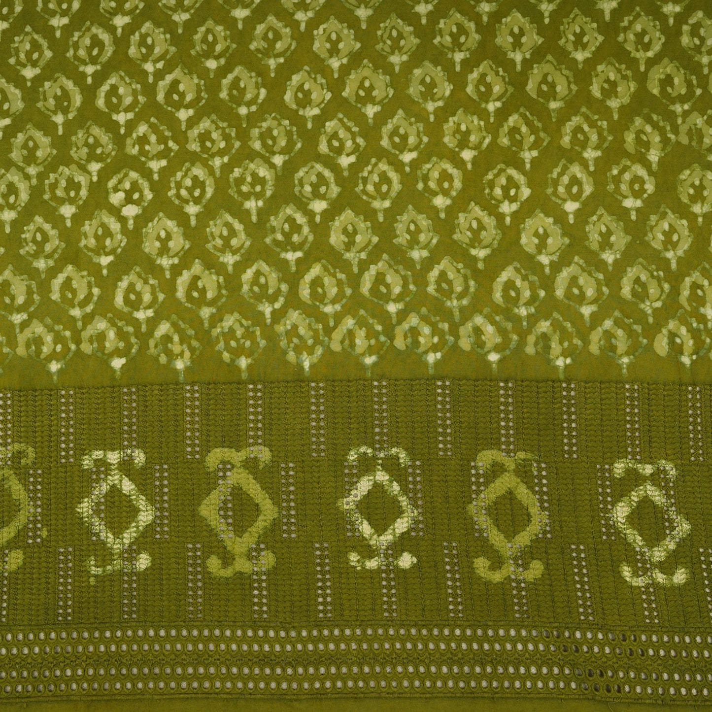 Green & White Floral Batik Print Cotton Schiffli Fabric CH-29817