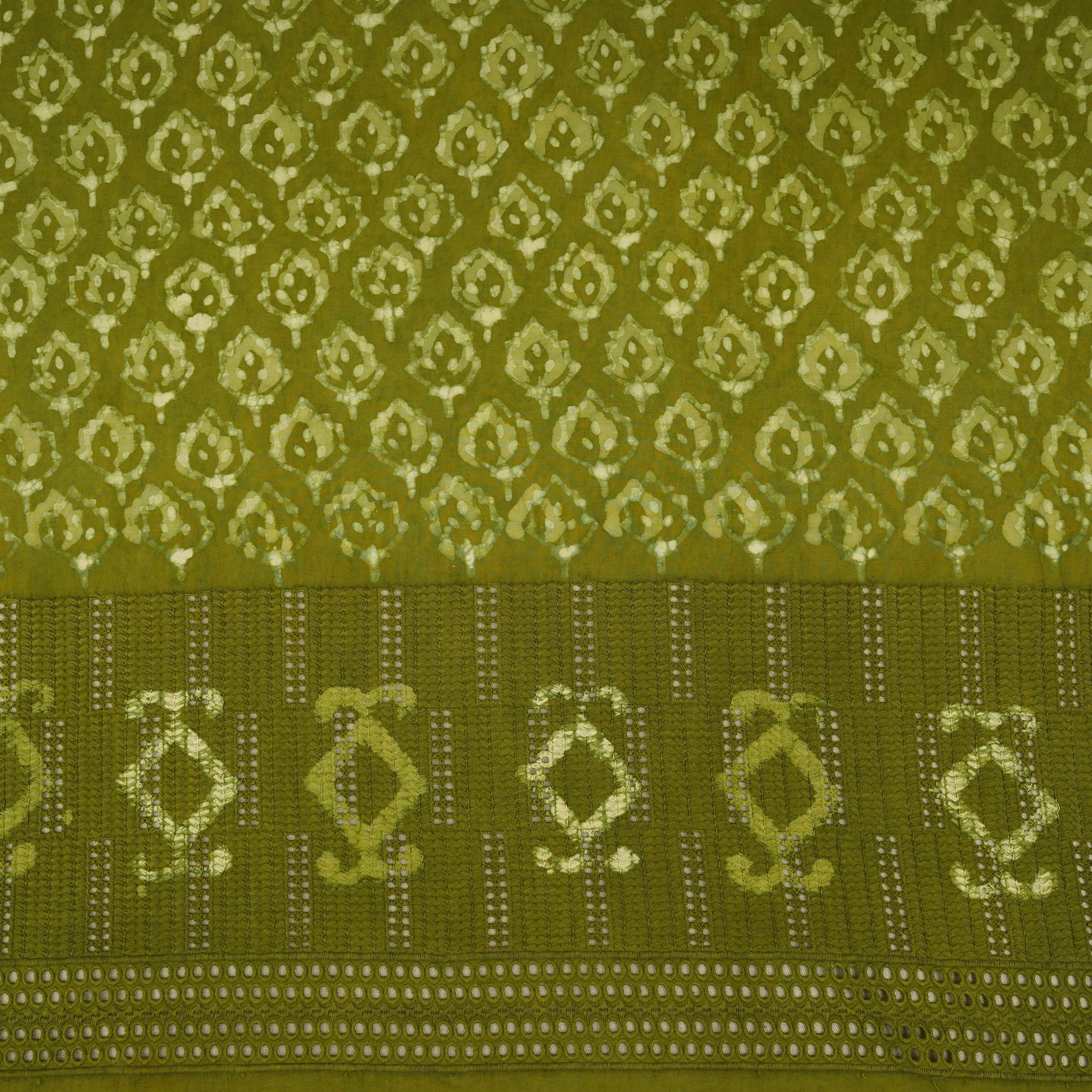 Green & White Floral Batik Print Cotton Schiffli Fabric CH-29817 - TradeUNO