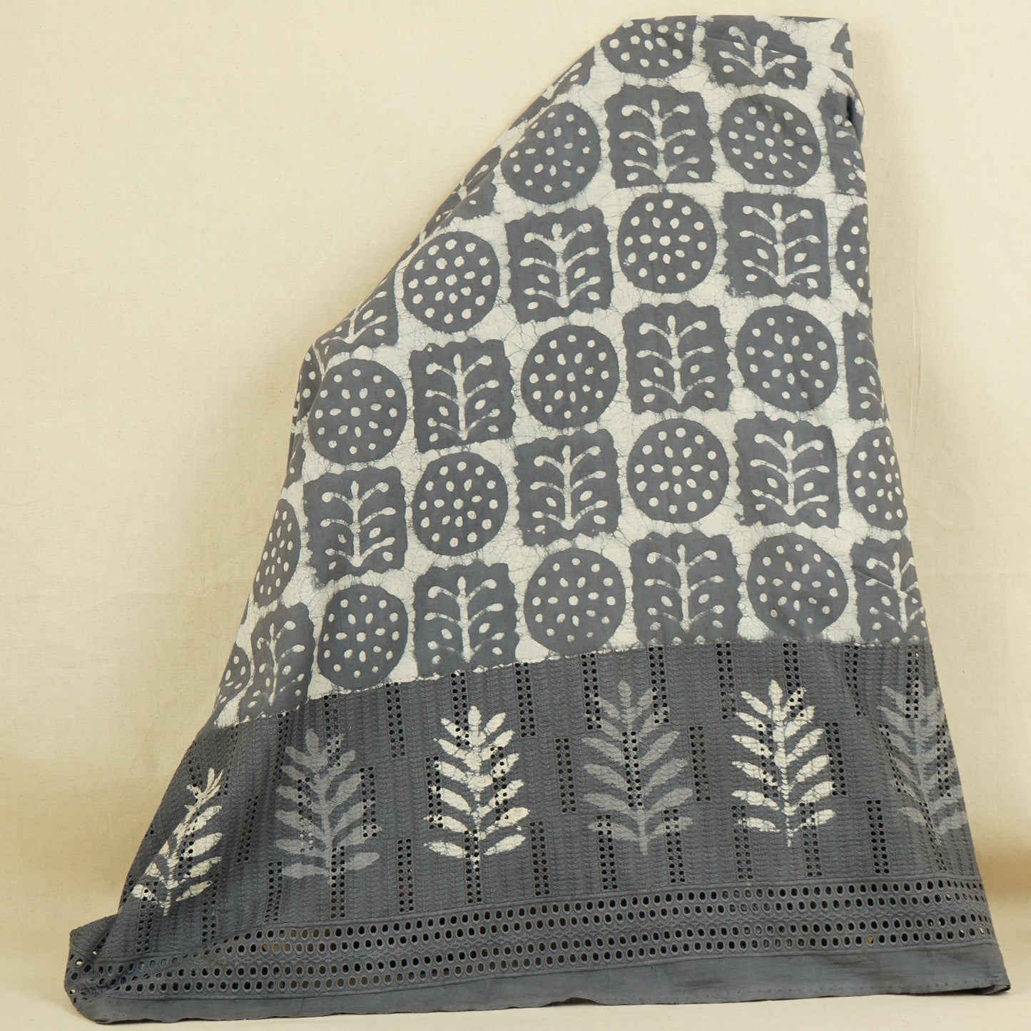 Dark Grey Floral Batik Print Cotton Schiffli Fabric CH-29812