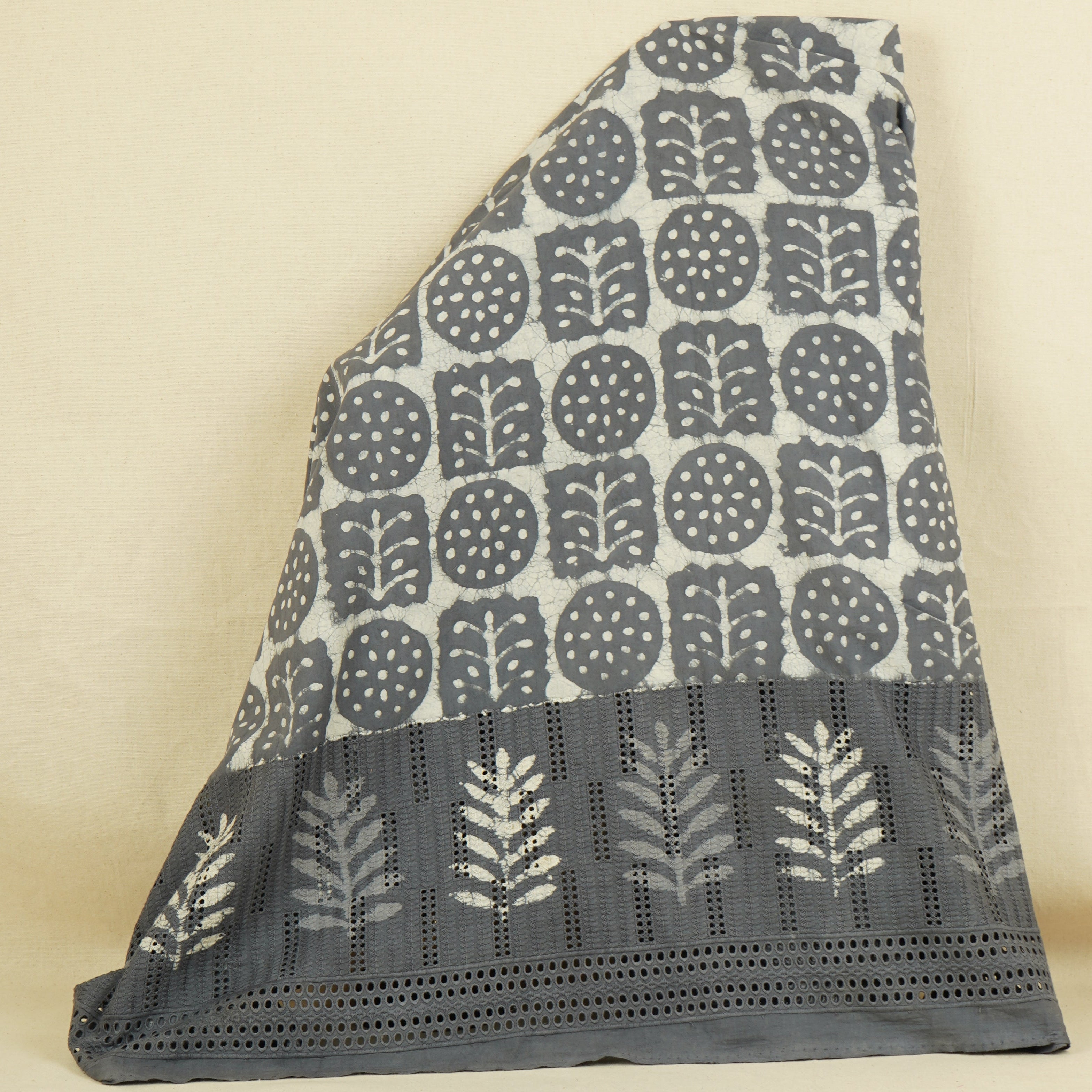 Dark Grey Floral Batik Print Cotton Schiffli Fabric CH-29812 - TradeUNO