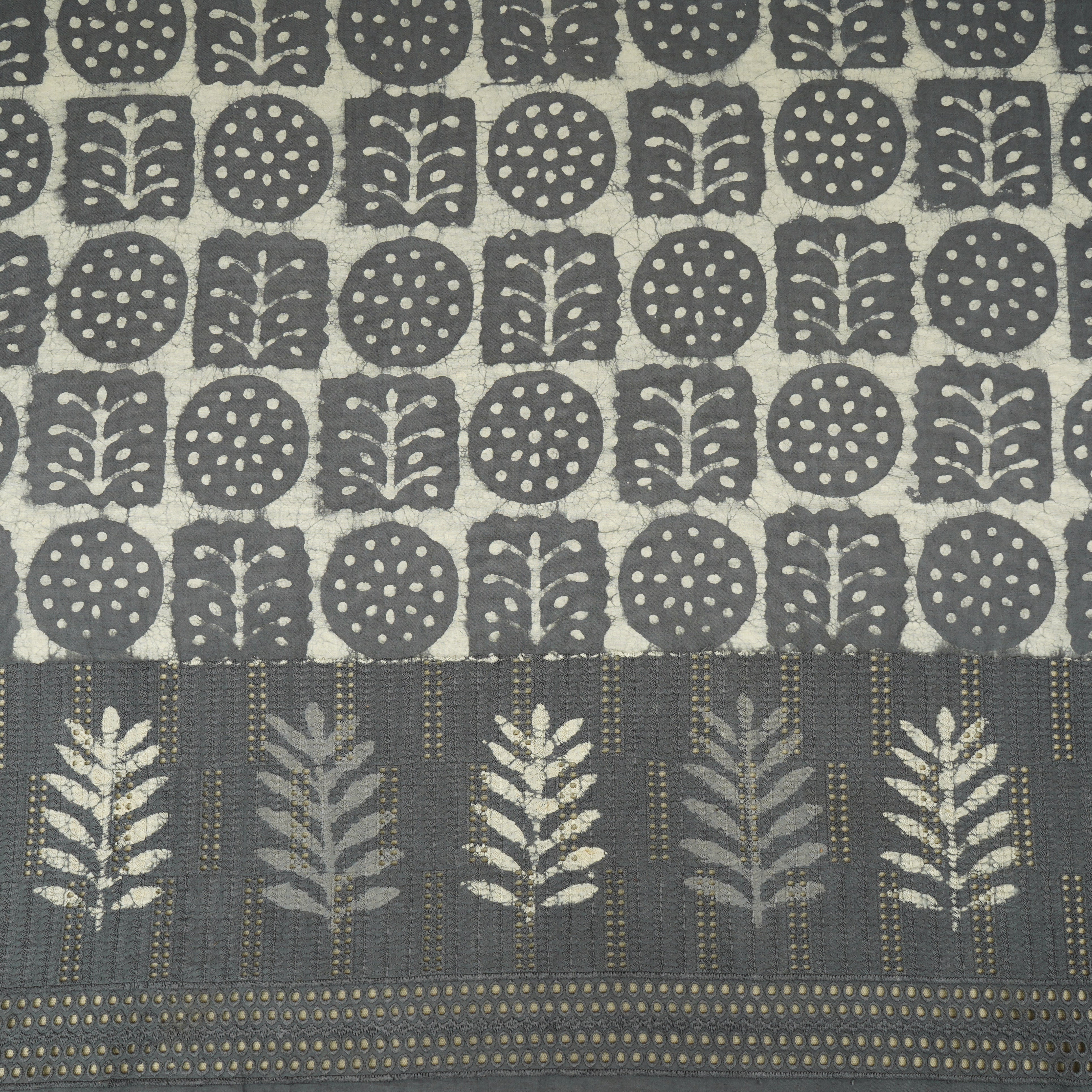 Dark Grey Floral Batik Print Cotton Schiffli Fabric CH-29812 - TradeUNO