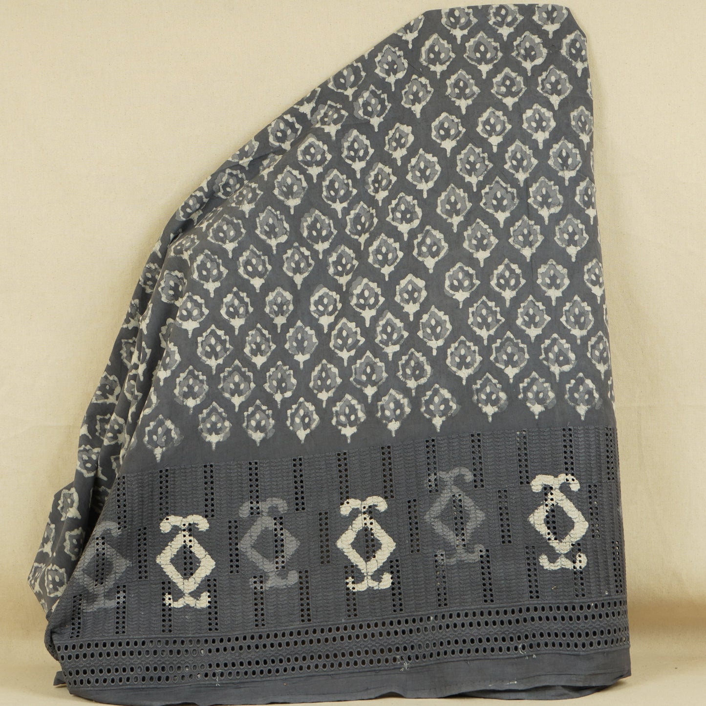 Grey & White Floral Batik Print Cotton Schiffli Fabric CH-29823
