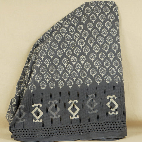 Grey & White Floral Batik Print Cotton Schiffli Fabric CH-29823