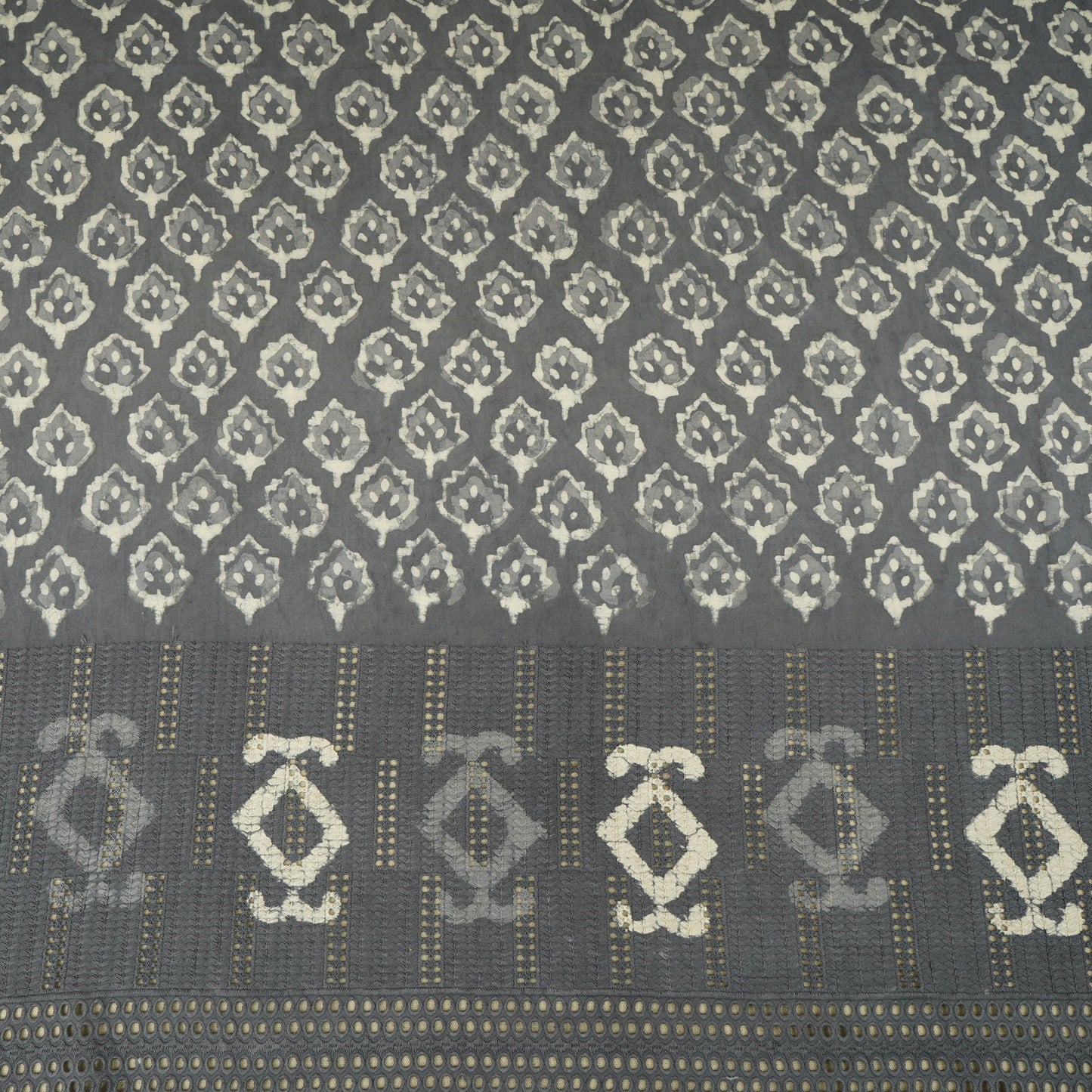 Grey & White Floral Batik Print Cotton Schiffli Fabric CH-29823