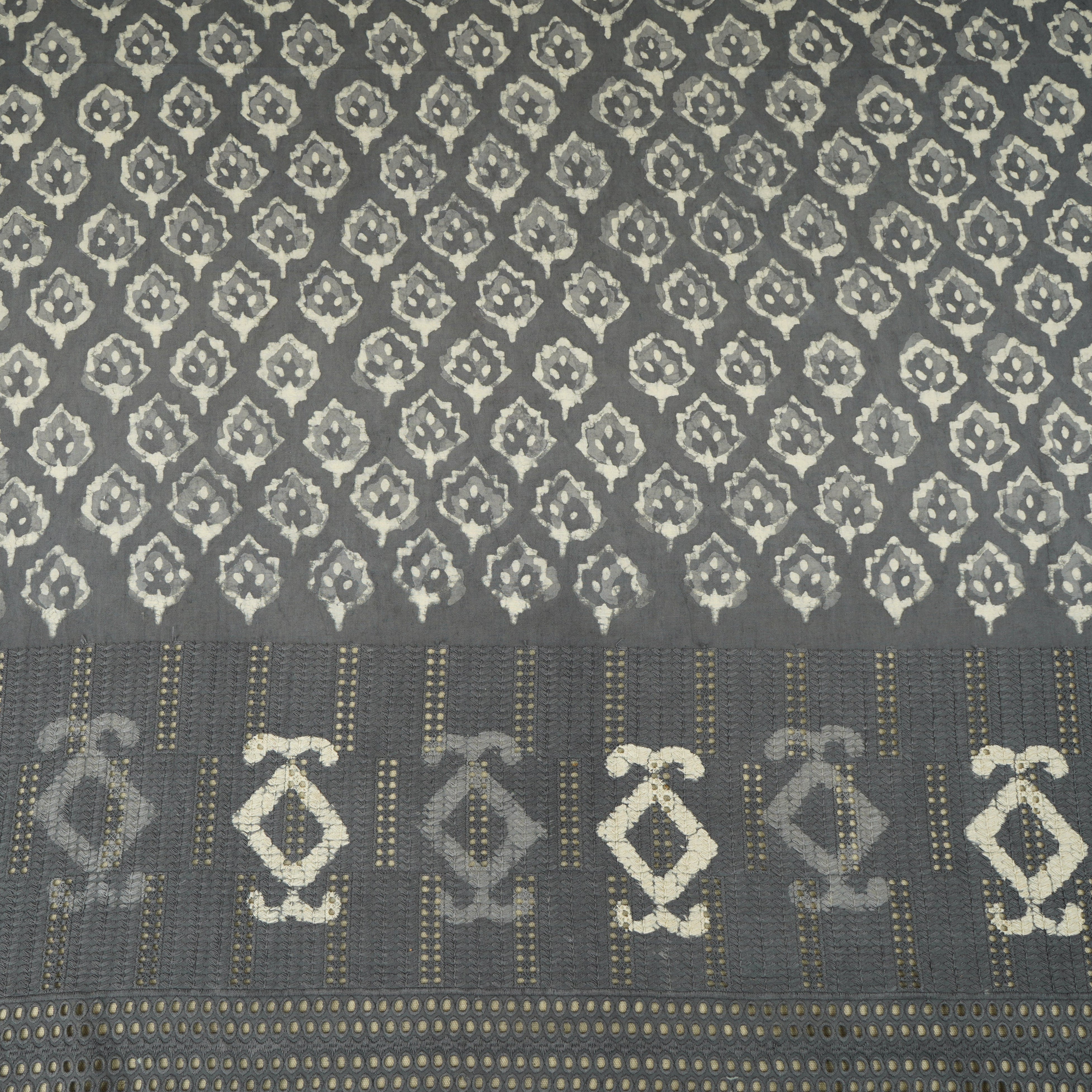 Grey & White Floral Batik Print Cotton Schiffli Fabric CH-29823 - TradeUNO