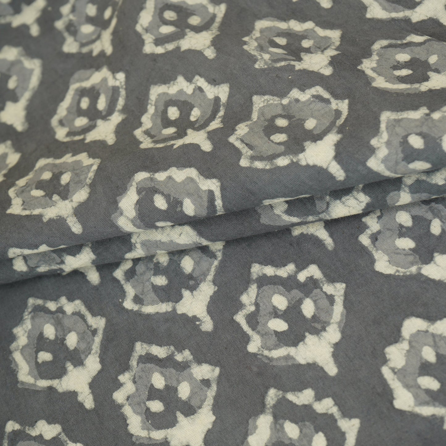 Grey & White Floral Batik Print Cotton Schiffli Fabric CH-29823
