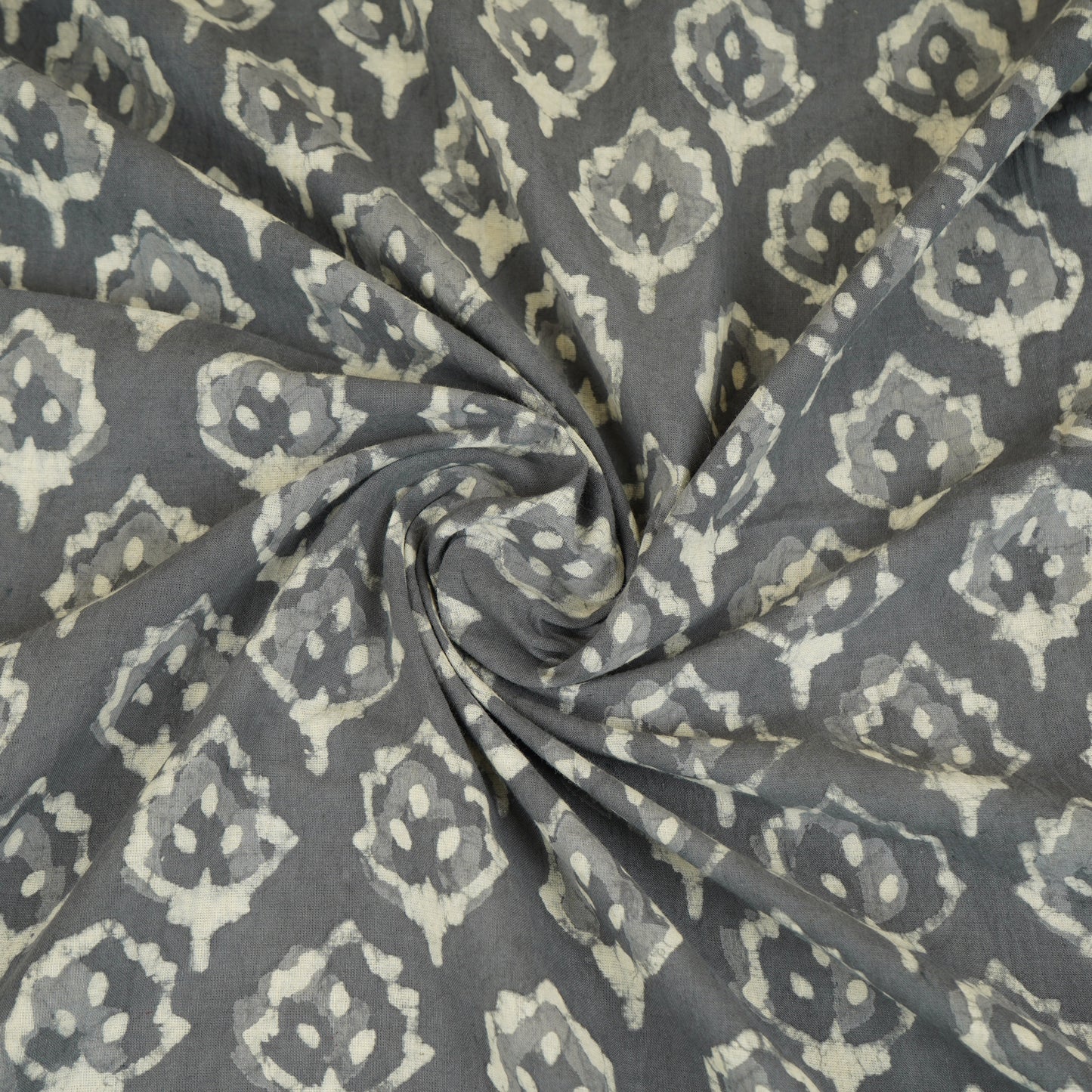 Grey & White Floral Batik Print Cotton Schiffli Fabric CH-29823