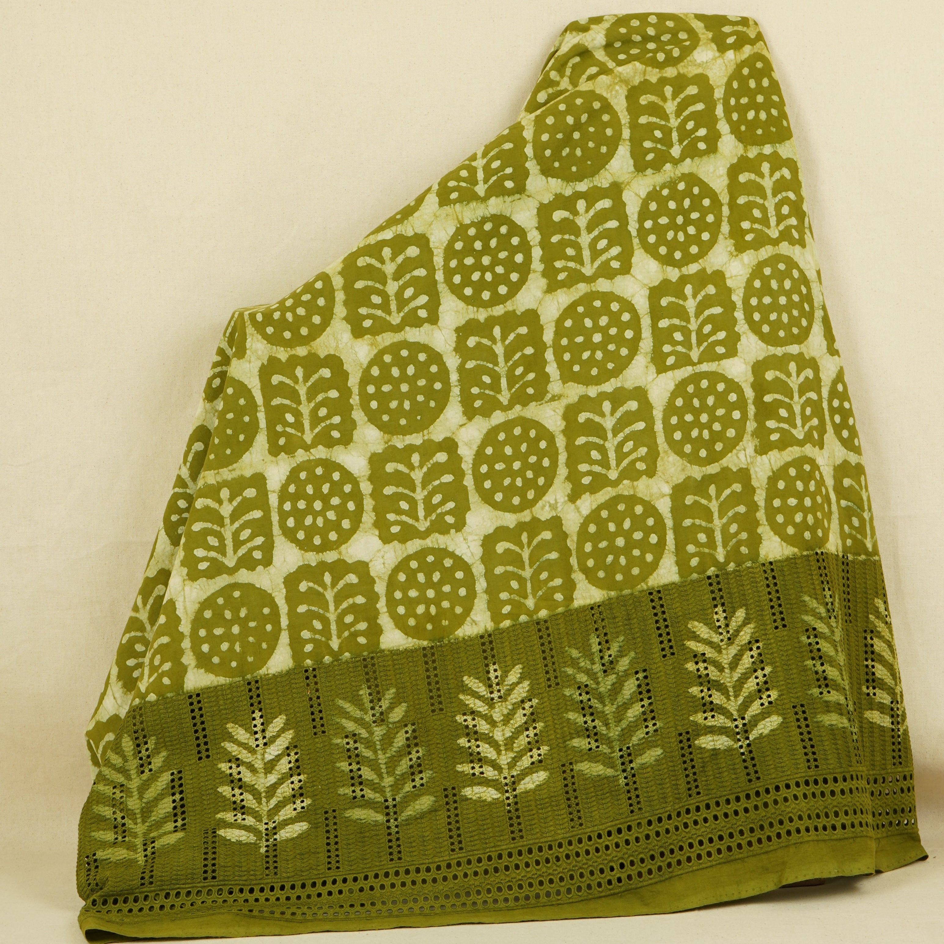 Green & White Floral Batik Print Cotton Schiffli Fabric CH-29821 - TradeUNO