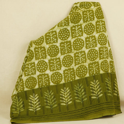 Green & White Floral Batik Print Cotton Schiffli Fabric CH-29821