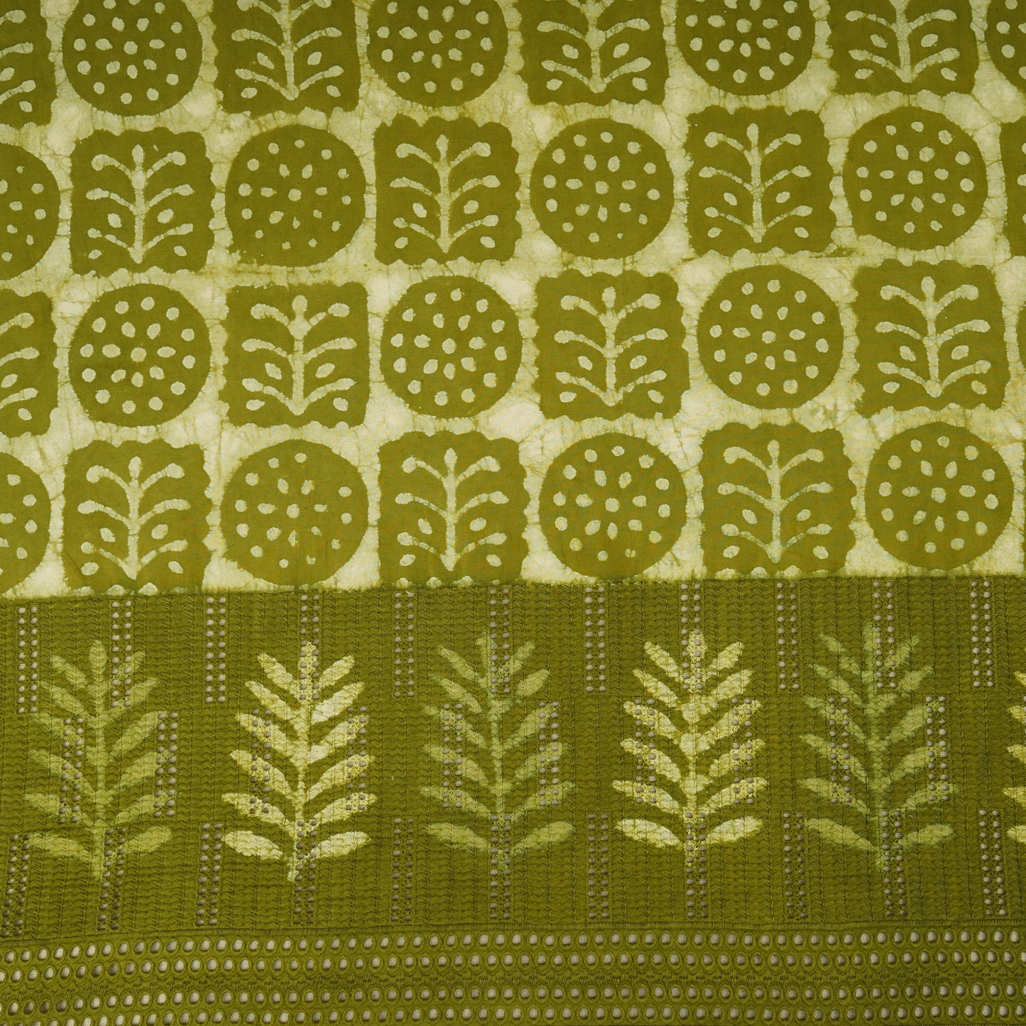 Green & White Floral Batik Print Cotton Schiffli Fabric CH-29821