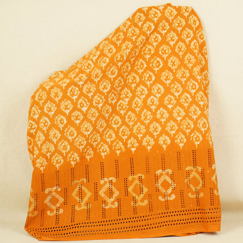 Orange & White Floral Batik Print Cotton Schiffli Fabric CH-29822