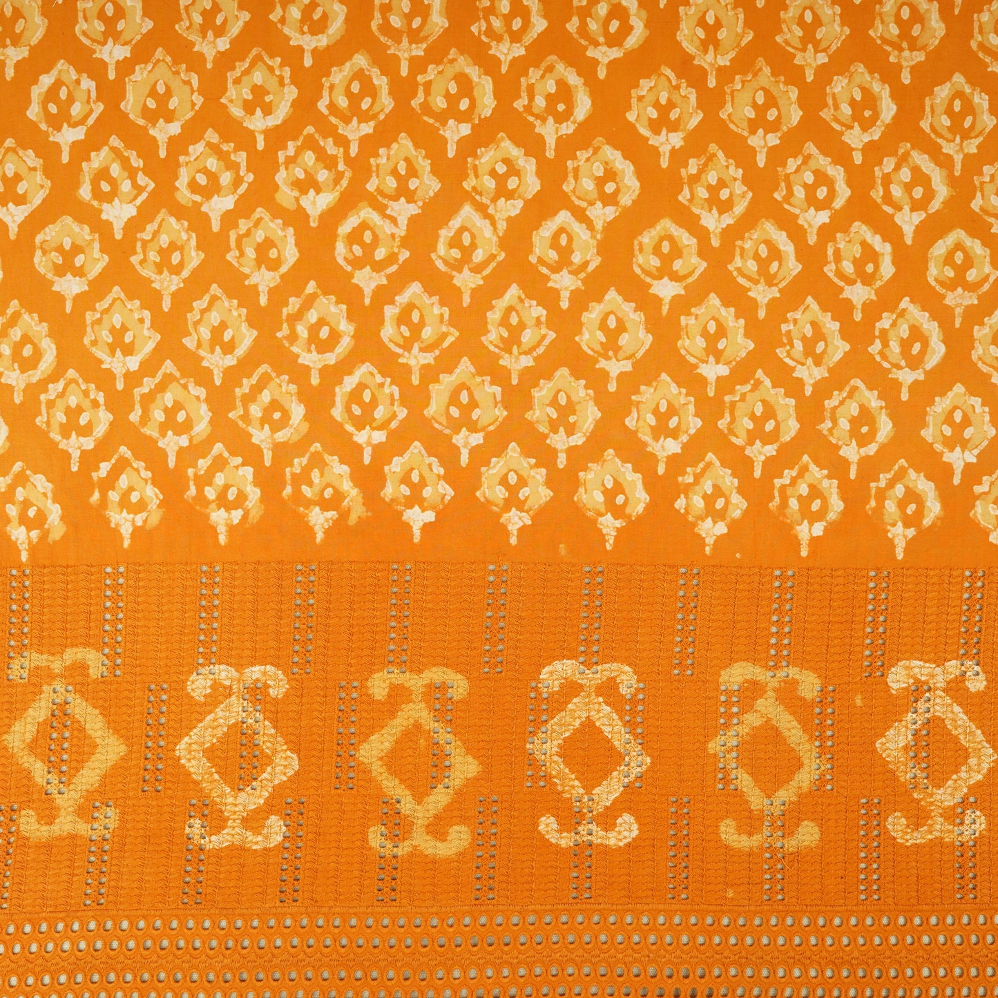Orange & White Floral Batik Print Cotton Schiffli Fabric CH-29822