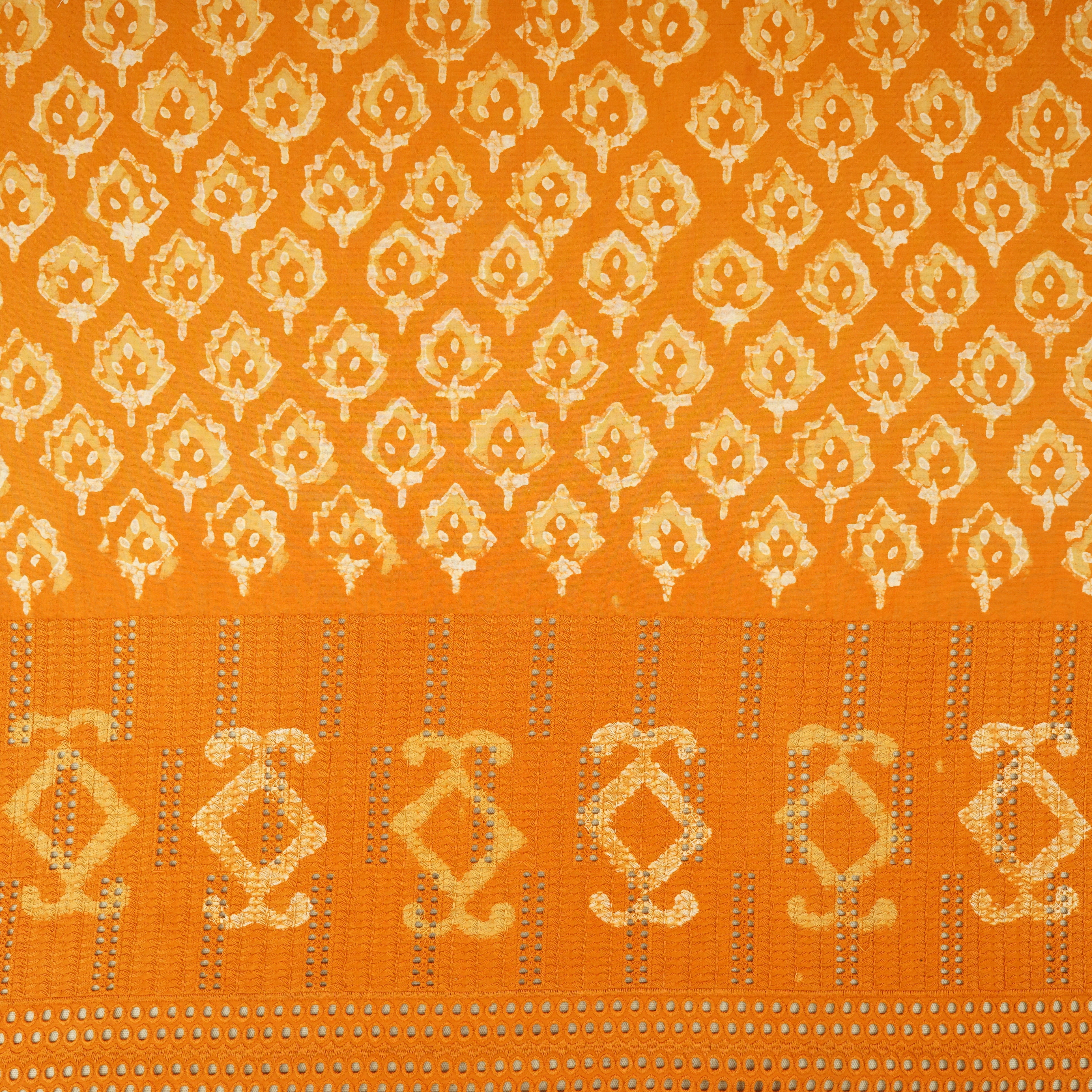 Orange & White Floral Batik Print Cotton Schiffli Fabric CH-29822 - TradeUNO
