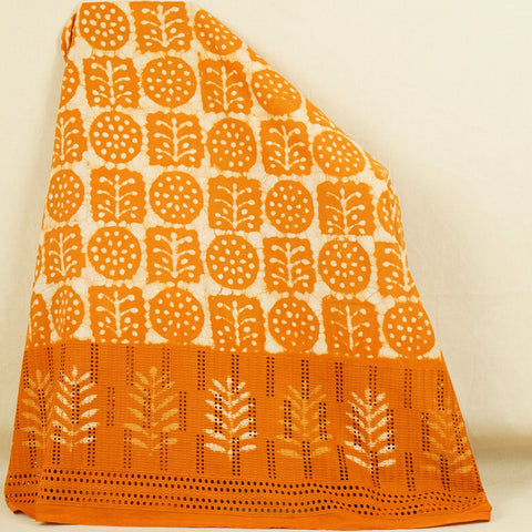 Orange & White Floral Batik Print Cotton Schiffli Fabric CH-29820