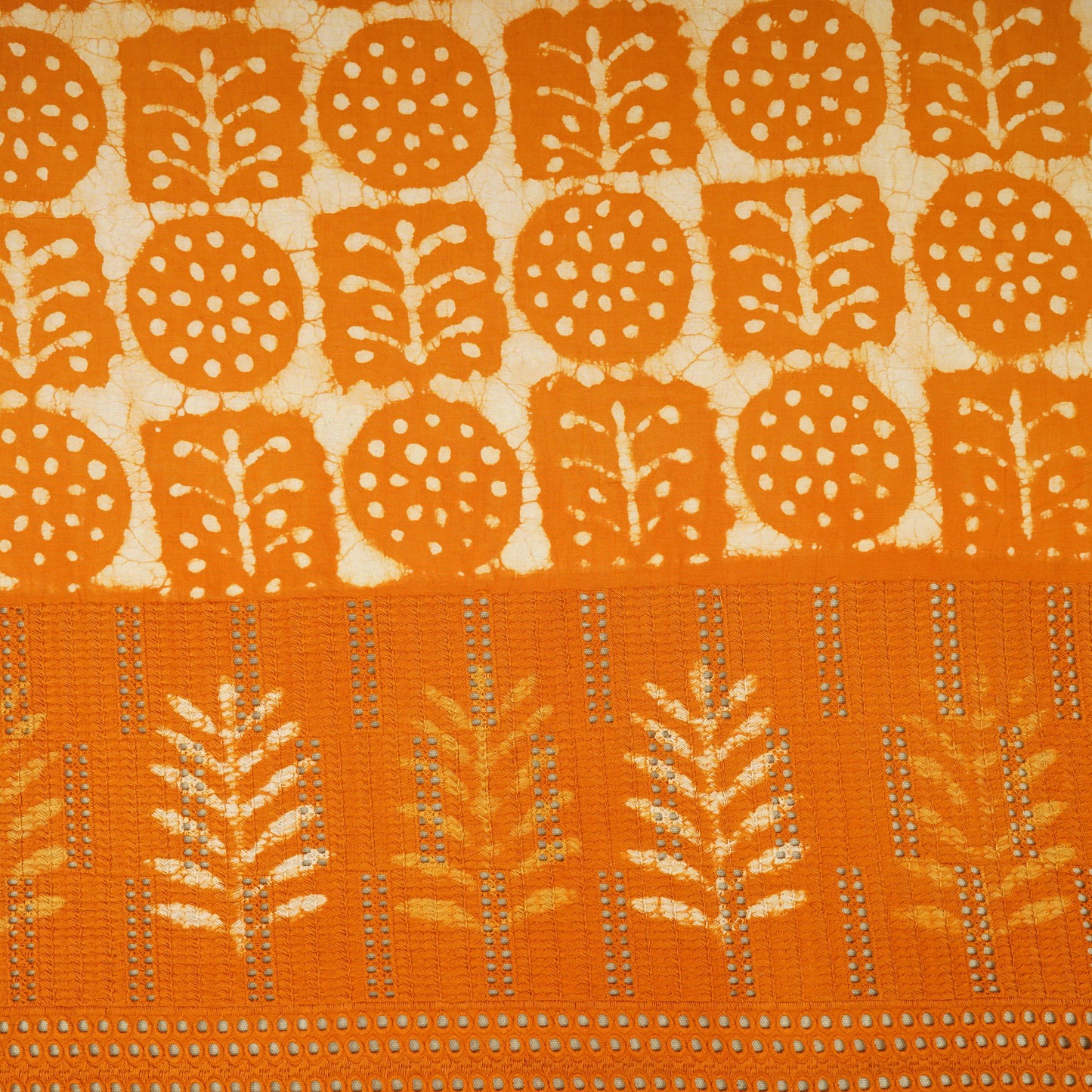 Orange & White Floral Batik Print Cotton Schiffli Fabric CH-29820