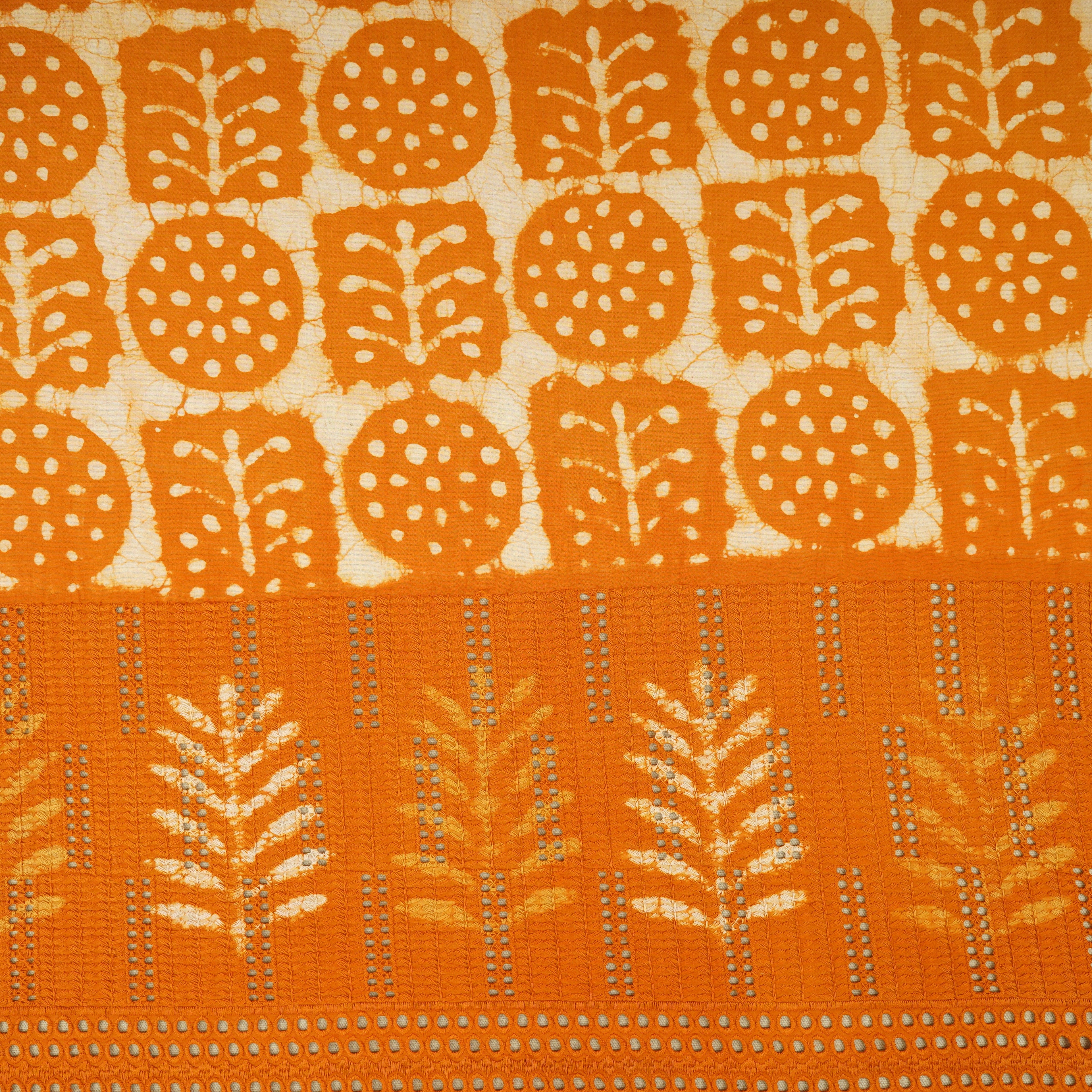 Orange & White Floral Batik Print Cotton Schiffli Fabric CH-29820 - TradeUNO