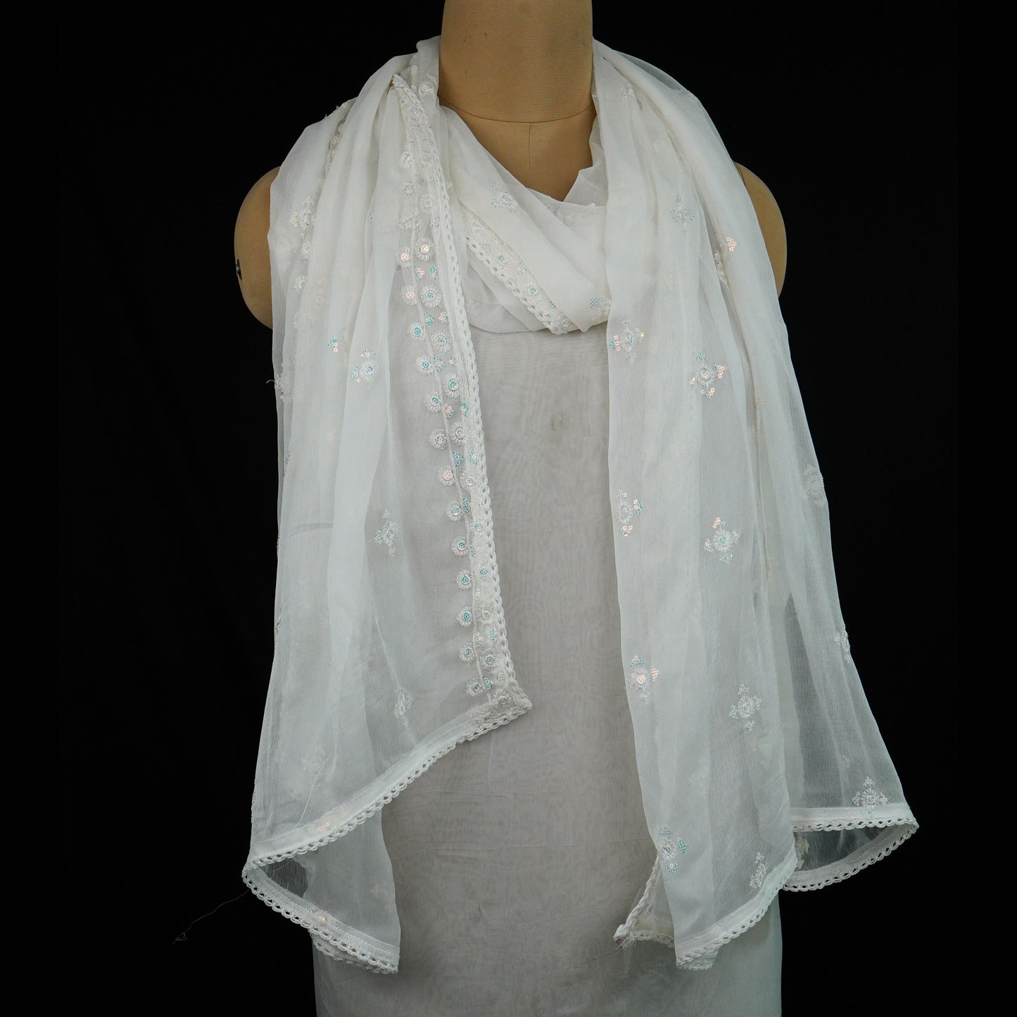 White Dyeable embroidery Chiffon Dupatta SST-31013 - TradeUNO
